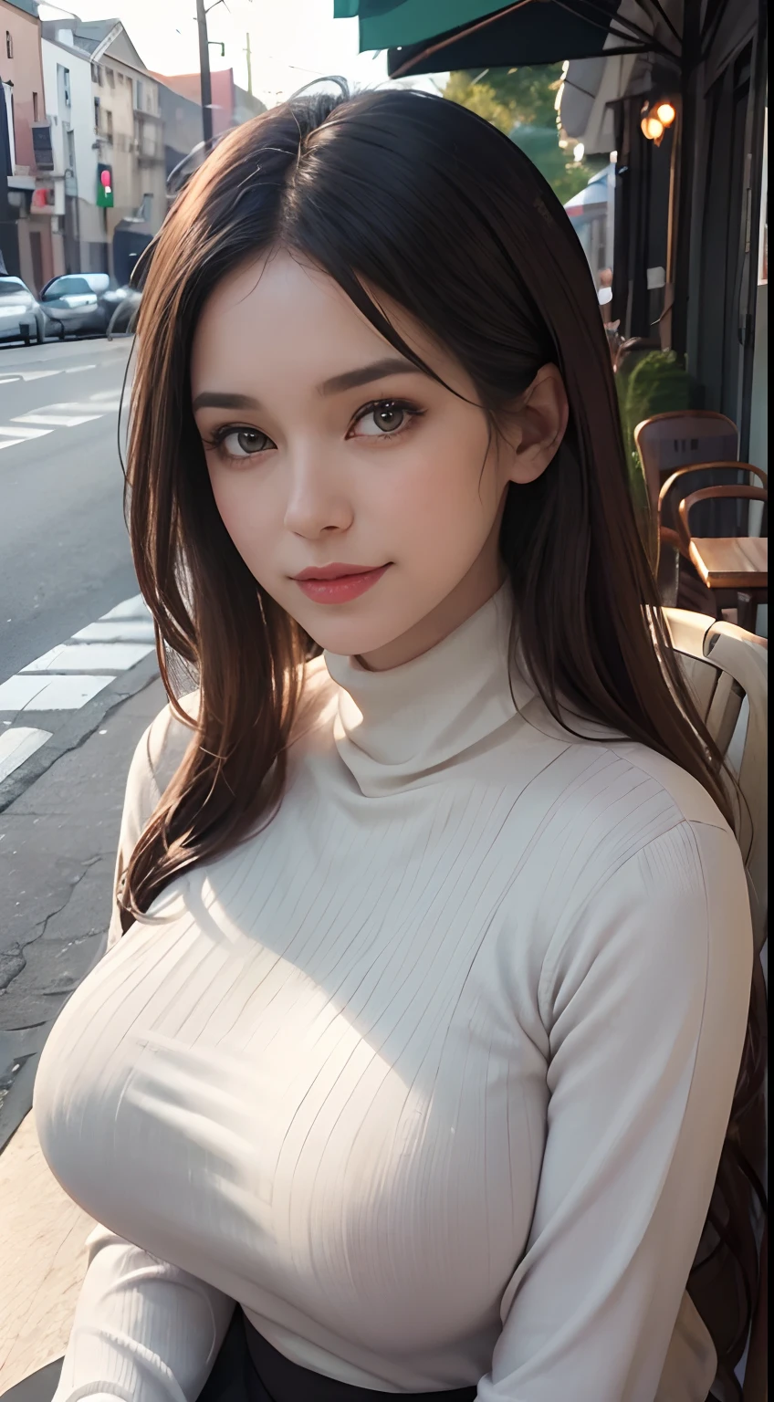 ((A mature woman sits in front of a café)),((turtleneck shirts:1.3)). 40k, Photography, Masterpiece, Best quality, dark grey background, ((Mature women, Wife, Mom, A MILF)), ((A plump chest)), Perfect face, perfect boobs, ((Breast-huge)), ((1 girl with brown eyes and gorgeous light black hair)). a Pretty Japanese woman,full soft breasts and white skin, ((very soft breasts)). Ultra-detailed face, Detailed eyes, Embarrassed, Smile, Summer, Daytime, (((Slave collar))), Half body, dated