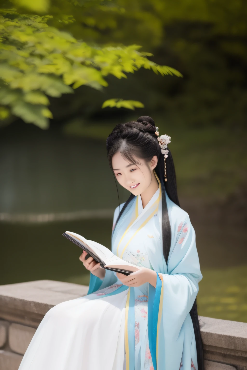 At night, The woman in Hanfu sat down facing the camera,His hand was flipping through the book,Exquisite facial features ,Beautiful detailed girl,Long shot,undefined "Real" The light source,En plein air,1girll,Solo,Smile,perfect women figure,Real photos,Long hair,Hanfu,Chinese outfit,(Colorful:1.3),Upper body,Look at the reader