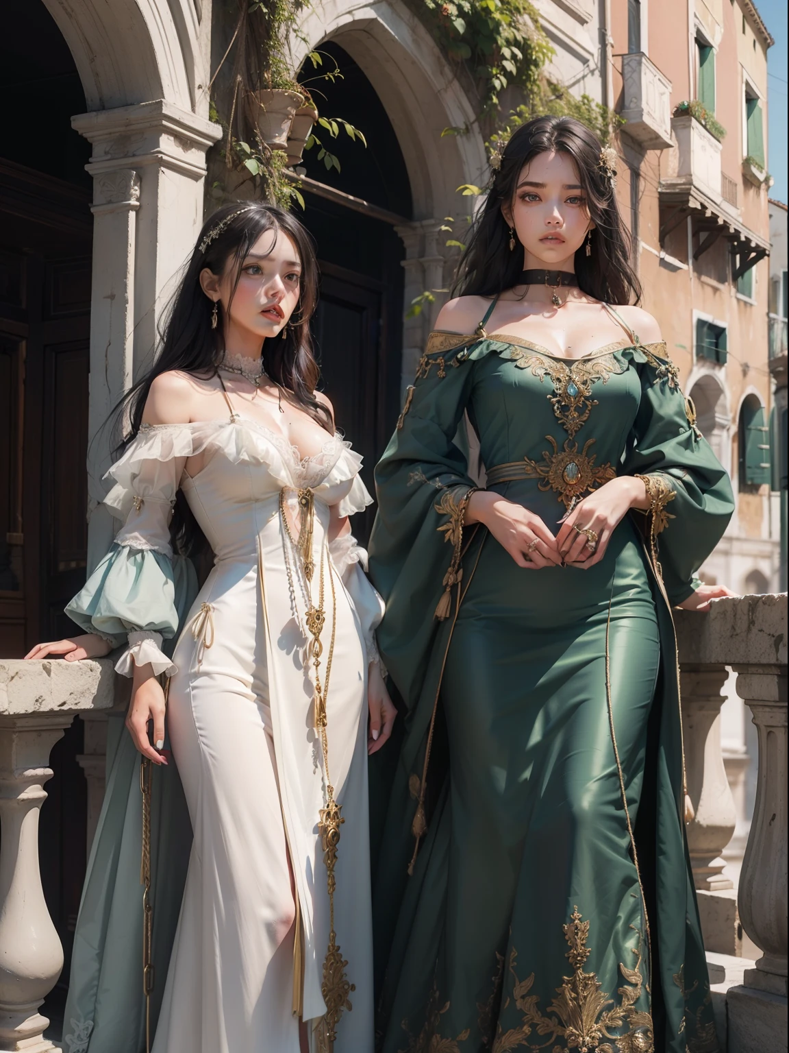 top quality picture　　　、Italy、Venice　、old bridge　、
１５century　、(((Very luxurious fragrance dresses)))　、　is standing　　、(((two womens)))　　,　full body Esbian
　 　、Collar with rope　　、(((distressed look)))　、Thin ropes that bind the body　、chains　、Pale green walls　、 Black hair　、low angles　、short-hair　、 shining beautiful skin , Sweat, collar and chain accessories, beautiful black pupil and hair, Detailed expression　, beautidful eyes,
