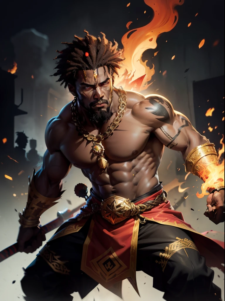 bits of color, Sketch book, hand drawn, dark, gritty, realistic sketch, Rough sketch, mix of bold dark lines and loose lines, bold lines, on paper, centered artwork, 2D vector, vivid red watercolor, turn around Character sheet, Full body, african tribal king, handsome Black Man, forte king, dungeon and dragons, Defined bulky muscles, African king clothes, golden details, crown of fire, flaming eyes, axes with neon lightning, extreme action shot