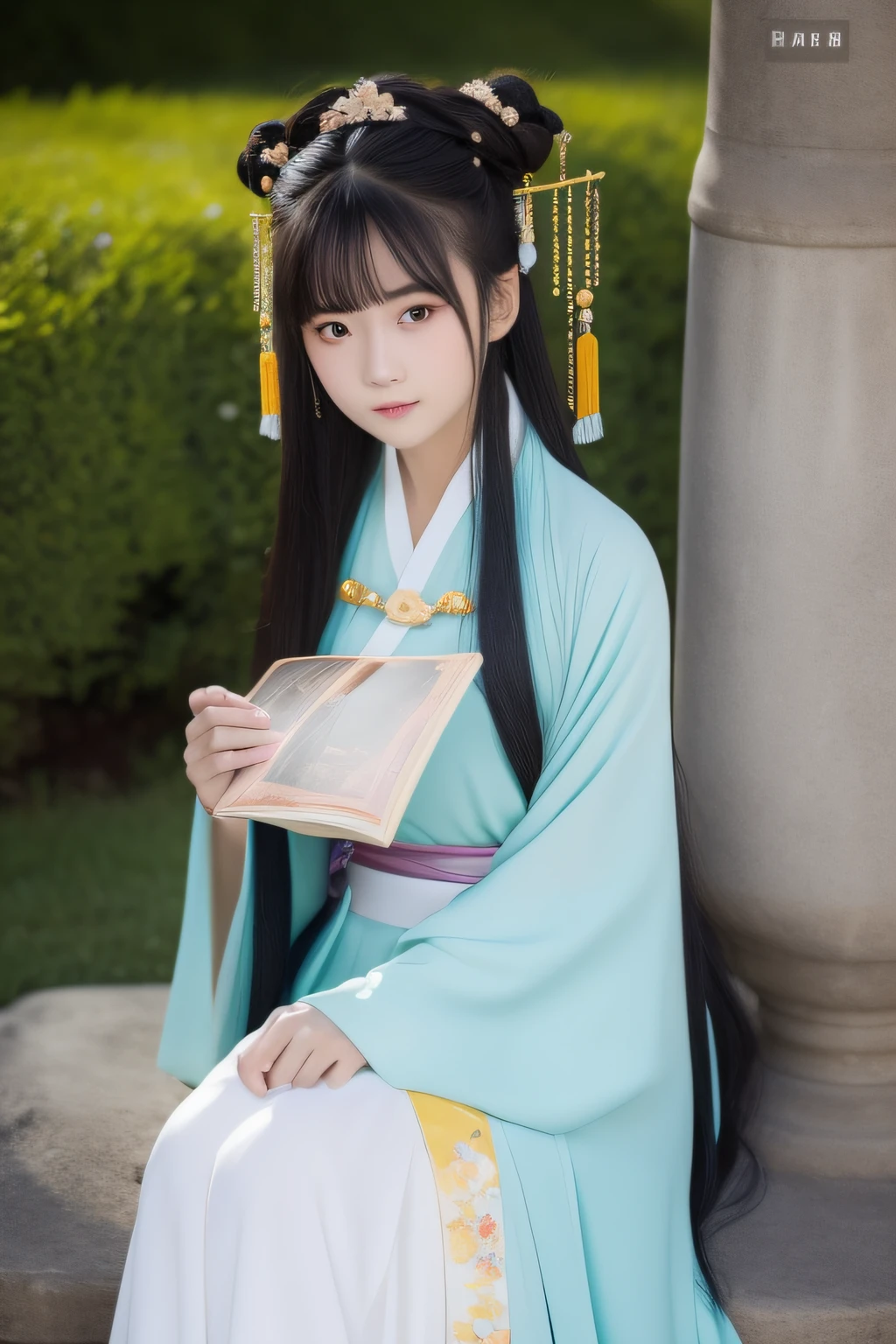At night, The woman in Hanfu sat down facing the camera，His hand was flipping through the book，Exquisite facial features ，Beautiful detailed girl,Long shot,undefined "Real" The light source,En plein air,1girll,Solo,Smile,perfect women figure,Real photos,Long hair,Hanfu,Chinese outfit,(Colorful:1.3),Upper body,Look at the reader