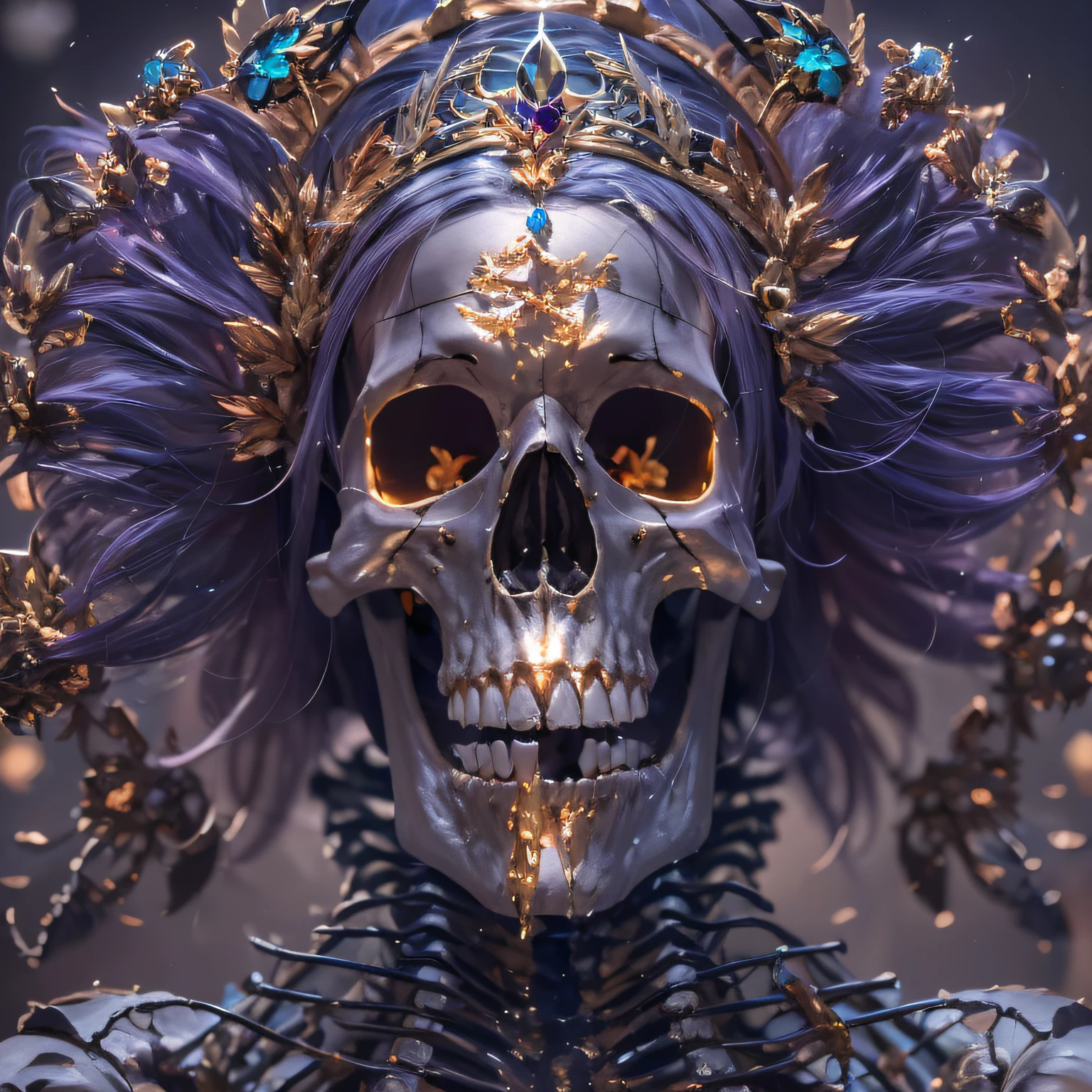 skelleton，Lunette de soleil，32K（tmasterpiece，k hd，hyper HD，32K）Purple-pink flowing hair，Gold skull jewelry area in the back room，Skeleton King ，Rusty copper dragon skull protector （The skeleton is realistic：1.4），Skull pattern robe，Purple-pink skull headdress，Snowflakes fluttering，The background is pure，Hold your head high，Be proud，The nostrils look at people， A high resolution， the detail， RAW photogr， Sharp Re， Nikon D850 Film Stock Photo by Jefferies Lee 4 Kodak Portra 400 Camera F1.6 shots, Rich colors, ultra-realistic vivid textures, Dramatic lighting, Unreal Engine Art Station Trend, cinestir 800，Hold your head high，Be proud，The nostrils look at people，Tsundere，Snowflakes fluttering，Snowflakes fluttering，Snowflakes fluttering，Snowflakes fluttering，Impeccable，( reasonable design, Clear lines, High sharpness,Best quality, Very detailed skeleton, The skeleton of a masterpiece, offcial art, movie light effect, 4K skeleton