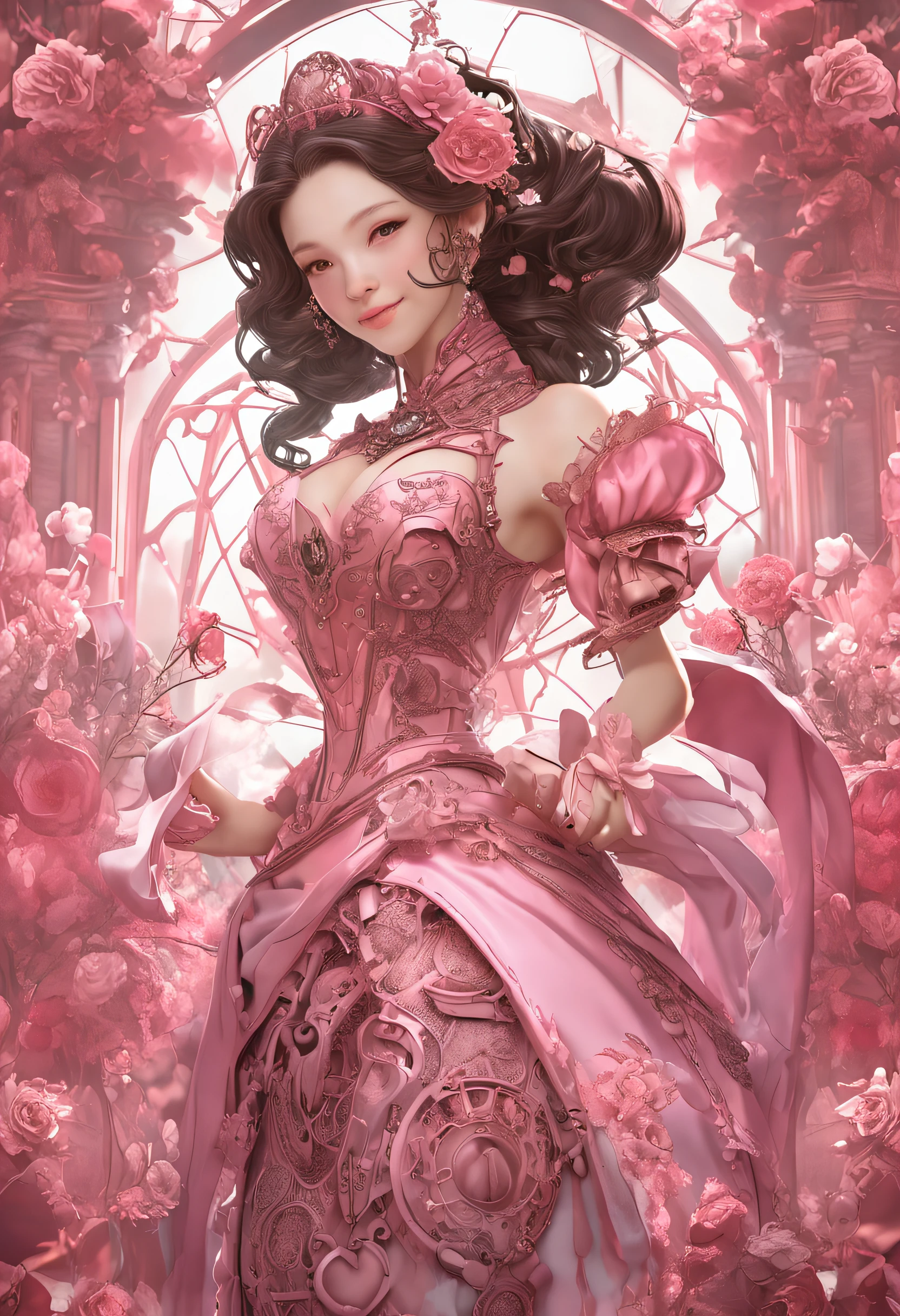 Amazing full body portrait of magical fantasy：Qiu Shuzhen，Three steampunk women in pink dresses and lace, The low-cut neckline accentuates femininity, Small ears, Brown hair, Ultra-clear face，Smiling happy, Dynamic pose, DnD, fantasy, Extreme detail, 4K, Ultra HD, trending on artstationh, Polished, Radiant, vibrant, Backlight, 8k ultra high definition, Unreal Engine 5 potions, intricately details, 3D video rendering