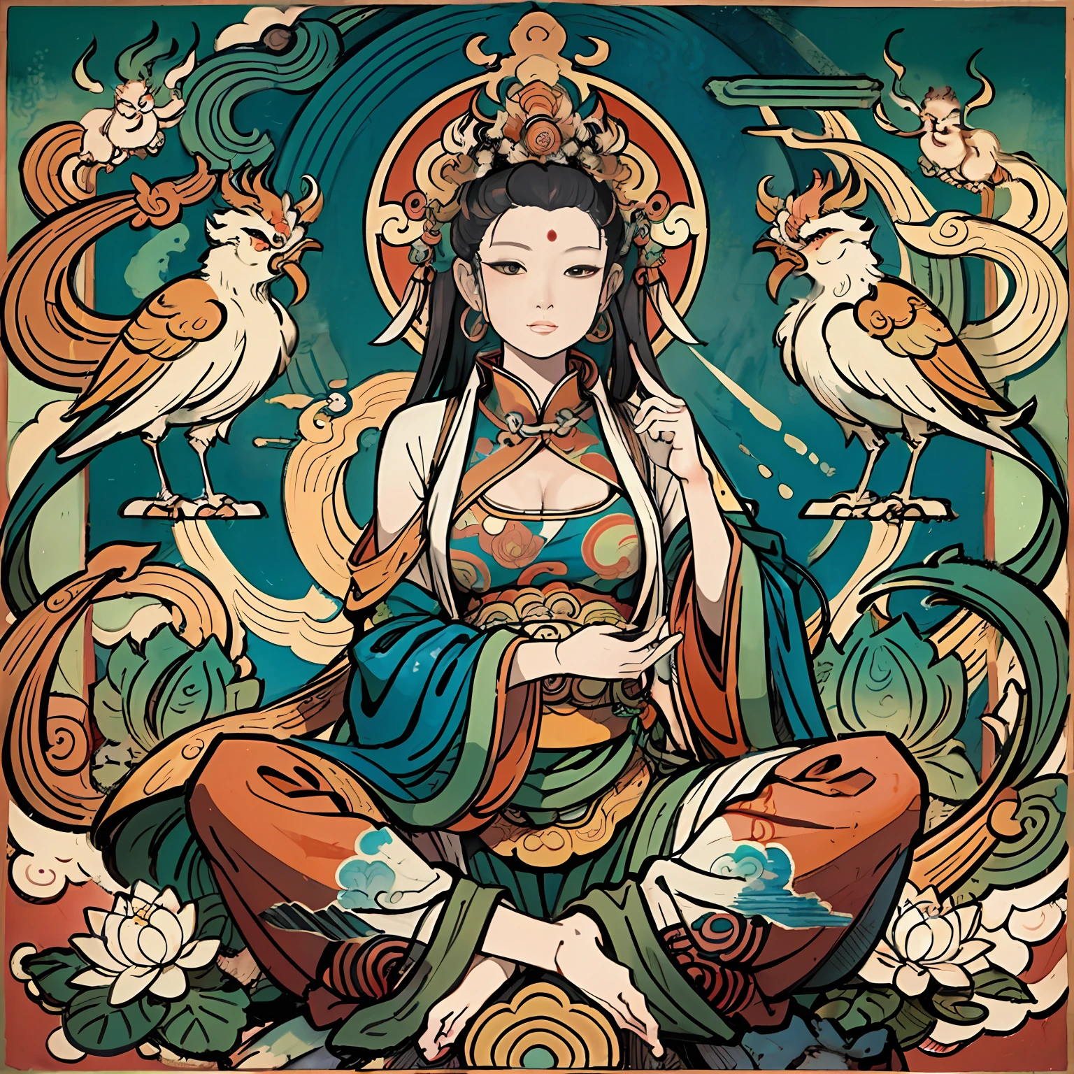 an ancient Chinese goddess, guanyin of the southern seas, Guanyin, Inspired by India, Avalokiteshvara rides a phoenix,,Serene expression,shui mo hua,Buddha,Buddhist,Lotus,Chinese painting style,Thangka style