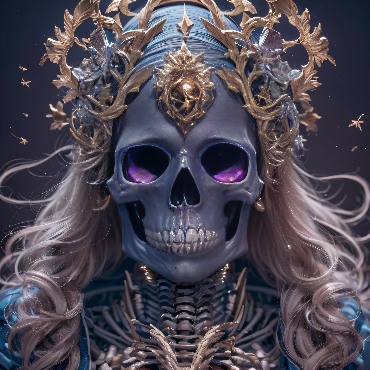 skelleton,Lunette de soleil,32K(tmasterpiece,k hd,hyper HD,32K)Purple-pink flowing hair,Gold skull jewelry area in the back room,Skeleton King ,Rusty copper dragon skull protector (The skeleton is realistic:1.4),Skull pattern robe,Purple-pink skull headdress,Snowflakes fluttering,The background is pure,Hold your head high,Be proud,The nostrils look at people, A high resolution, the detail, RAW photogr, Sharp Re, Nikon D850 Film Stock Photo by Jefferies Lee 4 Kodak Portra 400 Camera F1.6 shots, Rich colors, ultra-realistic vivid textures, Dramatic lighting, Unreal Engine Art Station Trend, cinestir 800,Hold your head high,Be proud,The nostrils look at people,Tsundere,Snowflakes fluttering,Snowflakes fluttering,Snowflakes fluttering,Snowflakes fluttering,Impeccable,( reasonable design, Clear lines, High sharpness,Best quality, Very detailed skeleton, The skeleton of a masterpiece, offcial art, movie light effect, 4K skeleton
