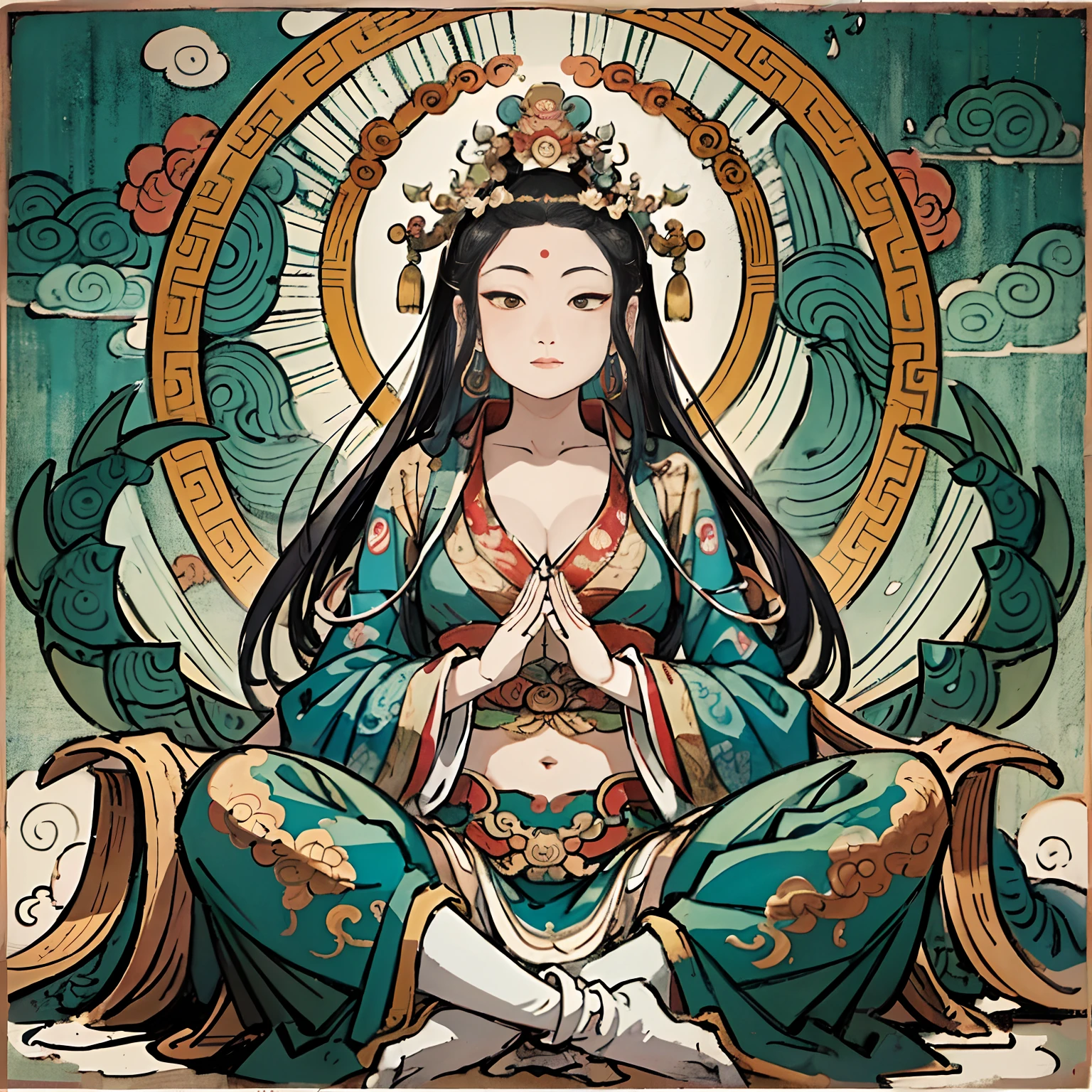 an ancient Chinese goddess, guanyin of the southern seas, Guanyin, Inspired by India, Avalokiteshvara rides a dragon，,Serene expression,shui mo hua,Buddha,Buddhist,Lotus,Chinese painting style,Thangka style