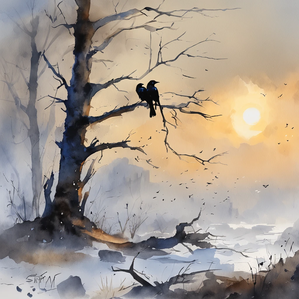 Two crows on a dead tree, A shadow shaped like a walker, Starry night, Thick fog on the ground, Blue light on the horizon, Unreal Engine 5, Cinematic, low angle photography, Motion blur, Depth of field, Dust, Cobblestones and dirt. Splash Art, dripping paint. Perfect color grading. Influenced by Karel Appel and Jeremy Mann, Full of dramatic and threatening scenes, Hyper-detailed, Beautiful, insanely details, Intricate details, editorial photography, shot with a 50mm lens, Depth of field, Tilt Blur, Shutter speed 1/1000, f/22. Lightmaps, Super bright
