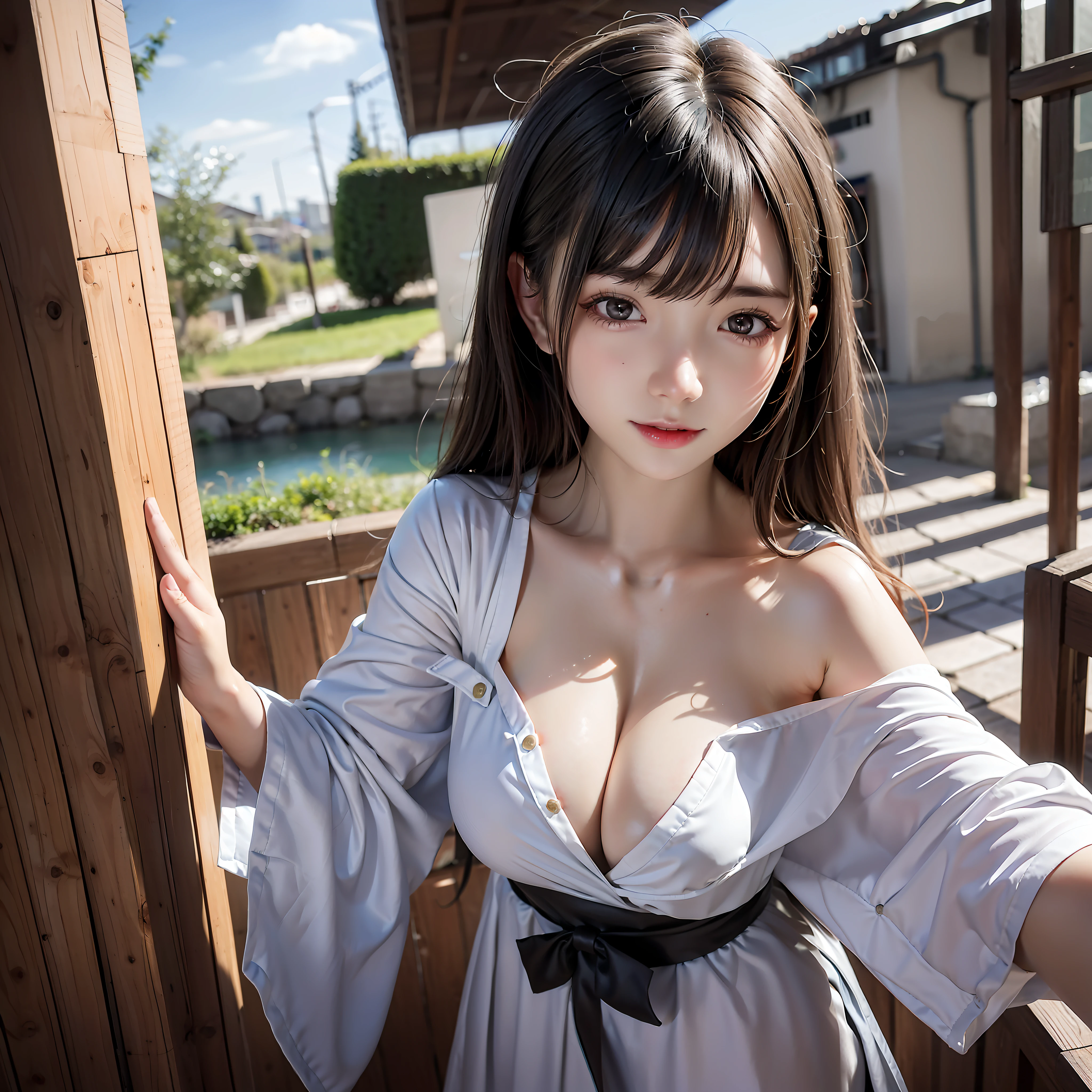 8K,best qualtiy,tmasterpiece,超高分辨率,(真实感:1.4),RAW photogr,(True skin texture:1.3),(filmgrain:1.3),(Perspective of others),wide wide shot,1个Giant Breast Girl,Beautiful eye and face details,tmasterpiece,Best quality at best,closeup cleavage,full bodyesbian,looking at viewert,slender leg,Spread your legs apart,The blouse is open,Young face