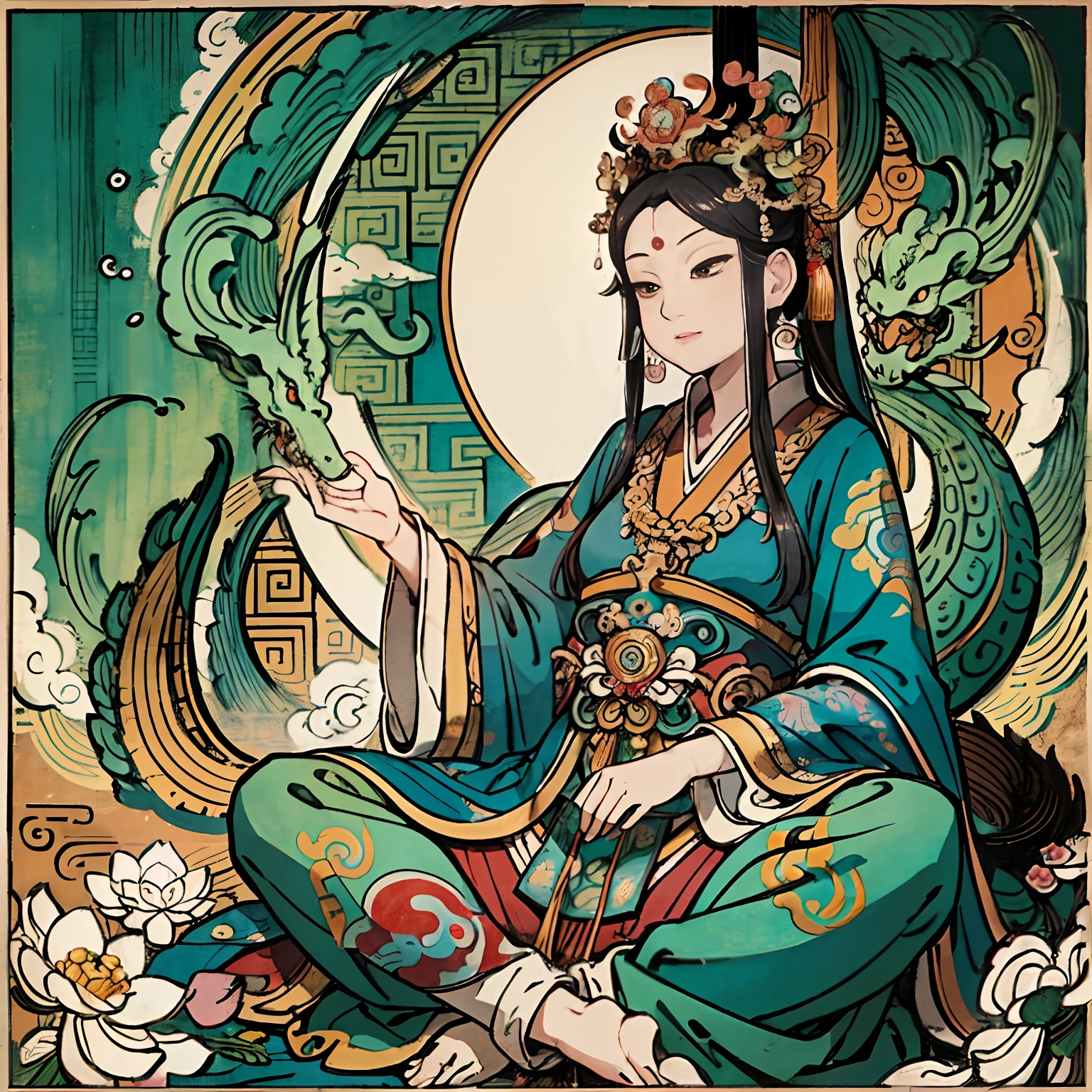 an ancient Chinese goddess, guanyin of the southern seas, Guanyin, Inspired by India, Avalokiteshvara rides a dragon,,Serene expression,shui mo hua,Buddha,Buddhist,Lotus,Chinese painting style,Thangka style