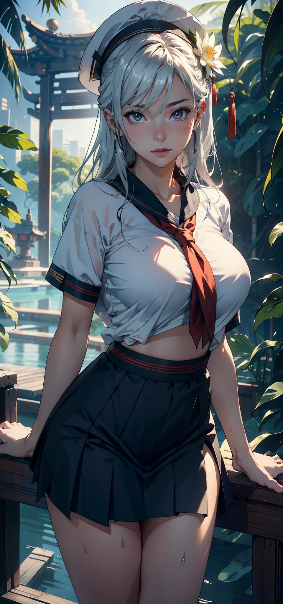 1female，35yo，熟妇，noodle，long leges，Big breasts Thin waist，the super hot and sexy，gigantic cleavage breasts，Pornographic exposure， 独奏，（Background with：ln the forest，the rainforest，in summer） She has long silver-gray hair，Very long hair，Long flowing hair，With baseball cap，standing on your feet，Sweat profusely，drenched all over the body，seen from the front， curlies， mostly cloudy sky，（（（tmasterpiece），（Very detailed CG unity 8K wallpaper），best qualtiy，cinmatic lighting，detailed back ground，Redlip，beatiful detailed eyes，Bright pupils，blue color eyes（Very fine and beautiful），（Beautiful and detailed eye description），ultra - detailed，tmasterpiece，）），facing at camera，A high resolution，ultra - detailed），，revealing breasts，Bare genitalia， Bulge，Camel toes，Raised sexy，Flushed complexion，Open-mouthed，frontage，（Wearing：Red baseball jacket，Clear shorts，athletic sneakers，Exposure nudity）fully body photo，Show shoes