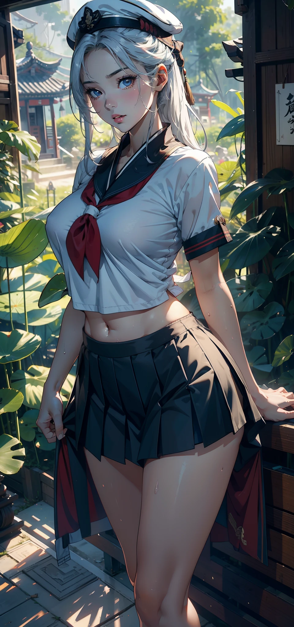 highest quality,masterpiece,8k,((((1girl)))),((big breasts:1.3)),orgasm,blush,sweat,zodiac_suguha,black hair,short hair,((serafuku,white shirt,black skirt,mini skirt,lift skirt,upskirt,white panties,black thighhighs:1.3))