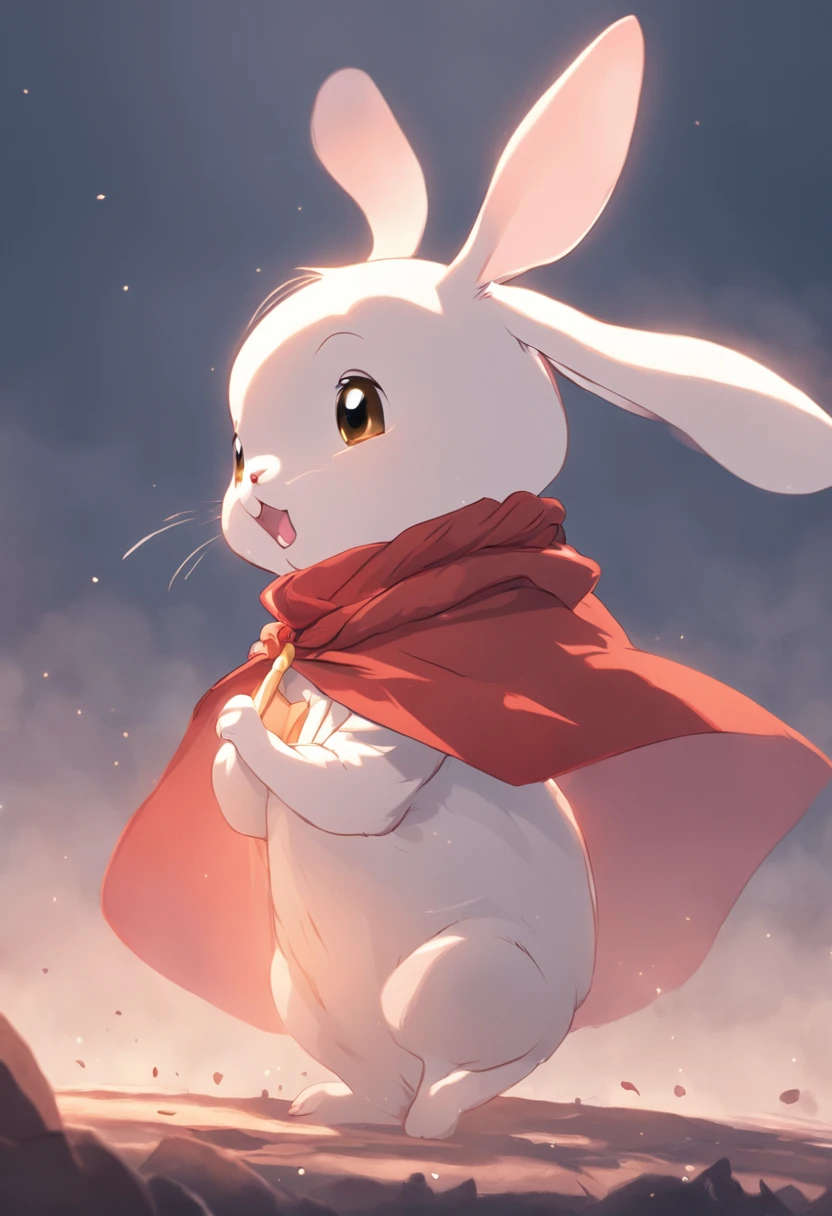 There is a cartoon rabbit wearing a cape and scarf, Anthropomorphic rabbits, edgBunny_Character, cute anthropomorphic bunny,, rabbits, electrixbunny, the white rabbit,《the white rabbit》, rabbits_edgBunny, A lid that shines in the wind,simplebackground，solid color backdrop
