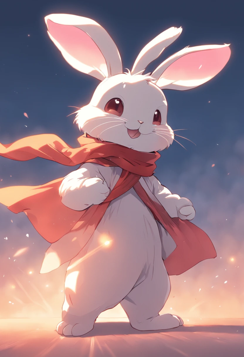 There is a cartoon rabbit wearing a cape and scarf, Anthropomorphic rabbits, edgBunny_Character, cute anthropomorphic bunny,, rabbits, electrixbunny, the white rabbit,《the white rabbit》, rabbits_edgBunny, A lid that shines in the wind,simplebackground，solid color backdrop