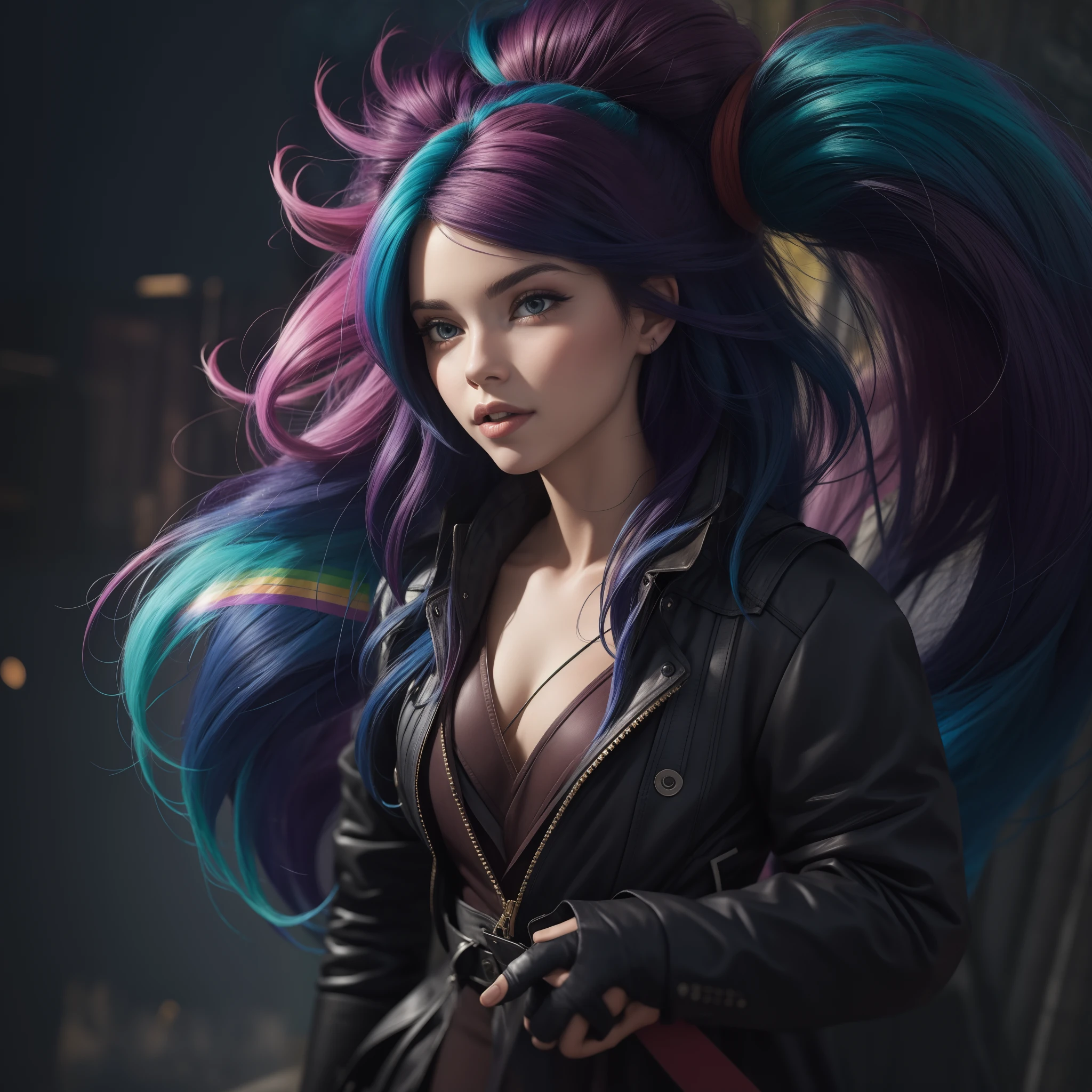 masterpiece, best quality, girl with rainbow hair, really wild hair, mane