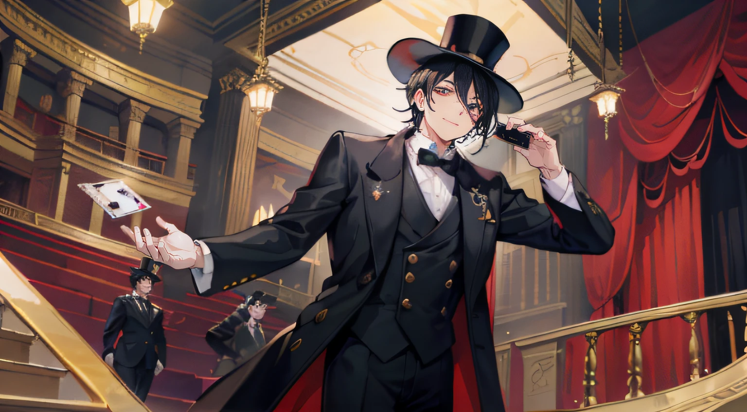 A middle-aged man,Thick black hair,Small Bazi Hu,blackigeyes,Top hat,Gold thread monocle,High-end long suit dress,The cards,Flight card,magister,thief,Mysterious smile,Up to no good,male people,prime,high-necked,Wide-brimmed top hat,Opera house stage background,The environment is bleak,The show begins,Left hand card,The eye,mano