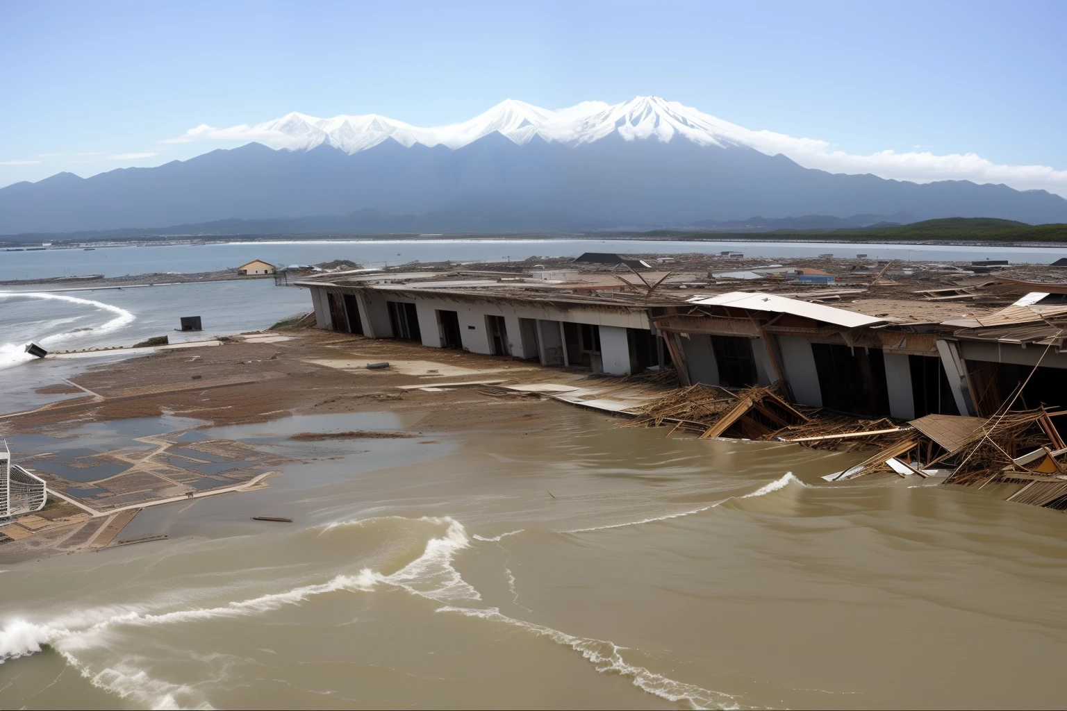 Huge tsunami，submerge，城市，disaster，Broken architectural remains，Sea level rise，jpn，Human perspective，streetview