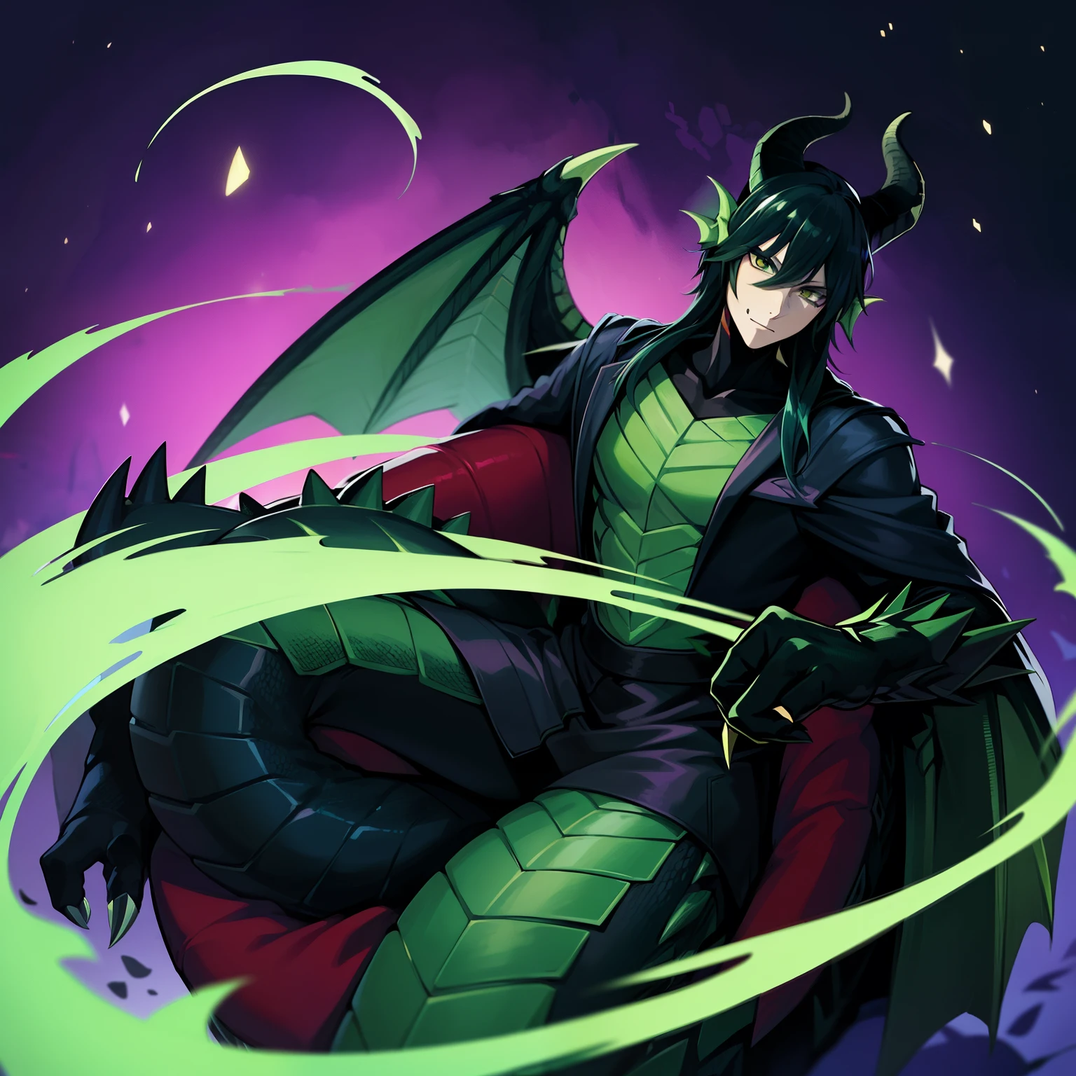 Malleus Draconia as a Digimon, 1boy, malleus draconia \(twisted wonderland\), horns, ((dragon like)), black scales, Green skin , ((black green and Purple color scheme)), ((Maleficent inspired)),digimon \(creature\), Monster boy, High Aesthetic, masterpiece, High quality, Handsome