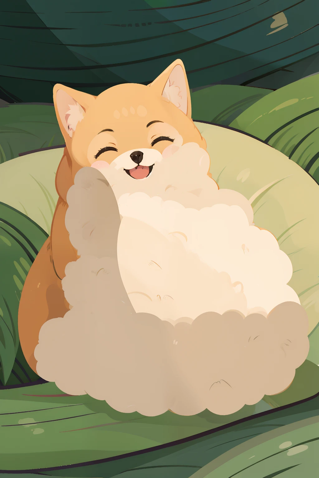 sleeping, shiba inu, illustration, ghibli, high quality