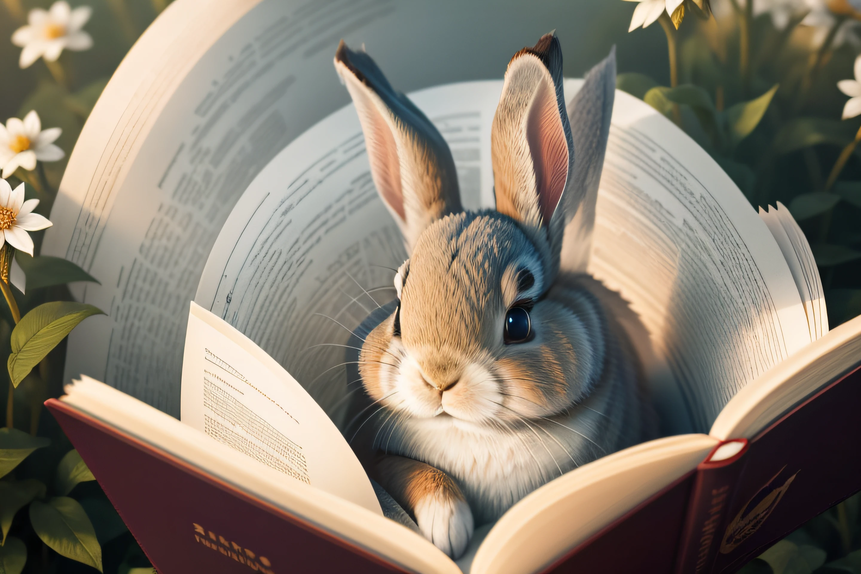 Close-up photo of rabbit reading and learning,Aerial overhead shot,clean backdrop,depth of fields,largeaperture,photography of,volume fog,Halo,blooms,Dramatic atmosphere,Sunny morning