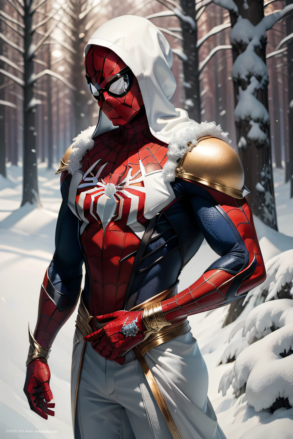 Spiderman full body on a white, gold and red armor suit, on a white snow forest, snow falling over the armor, the sin shines over the armor suit, hyper realistic, photorealistic, 8K, an award winning photo