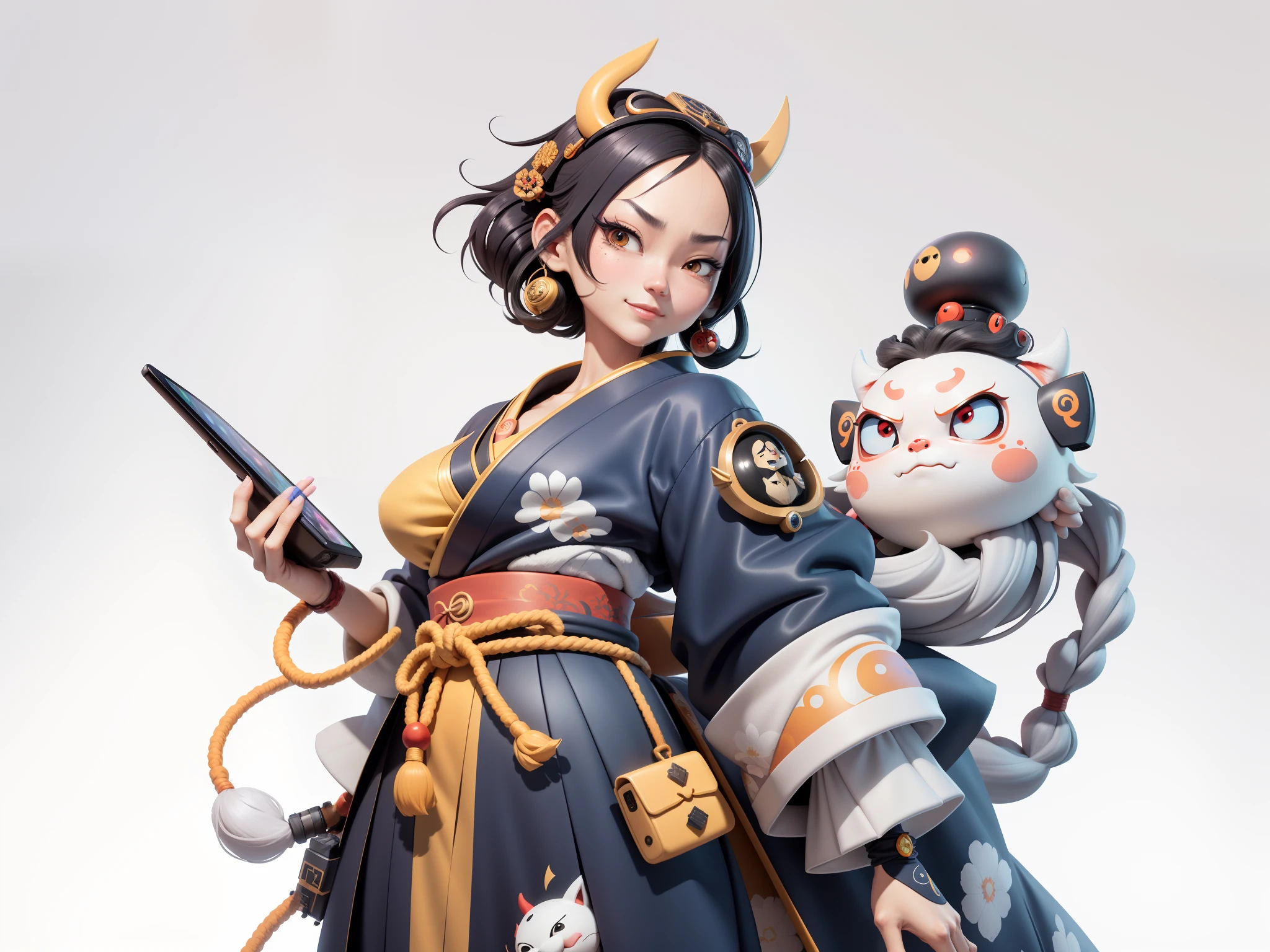 (Daisaku),(Need),(Super meticulous),(full bodyesbian:1.2),Japanese ukiyo-e girl，japanese geisha，Beautiful，Oriental dragon，Aeolian Thor，Raised sexy，爆乳，Oriental face，TV Anchor，Bust portrait illustration，Alone，In black suit，a blue tie，The face is slightly chubby，The face was clean，without a beard，Black super short hair，Black eyes，Smile confidently，3C computer sub-products，iPad， iphone，Digital painting，3D character design by Mark Clairen and Pixar and Hayao Miyazaki and Akira Toriyama，The illustration is a high-definition illustration in 4K resolution，With very detailed facial features and cartoon-style visuals。