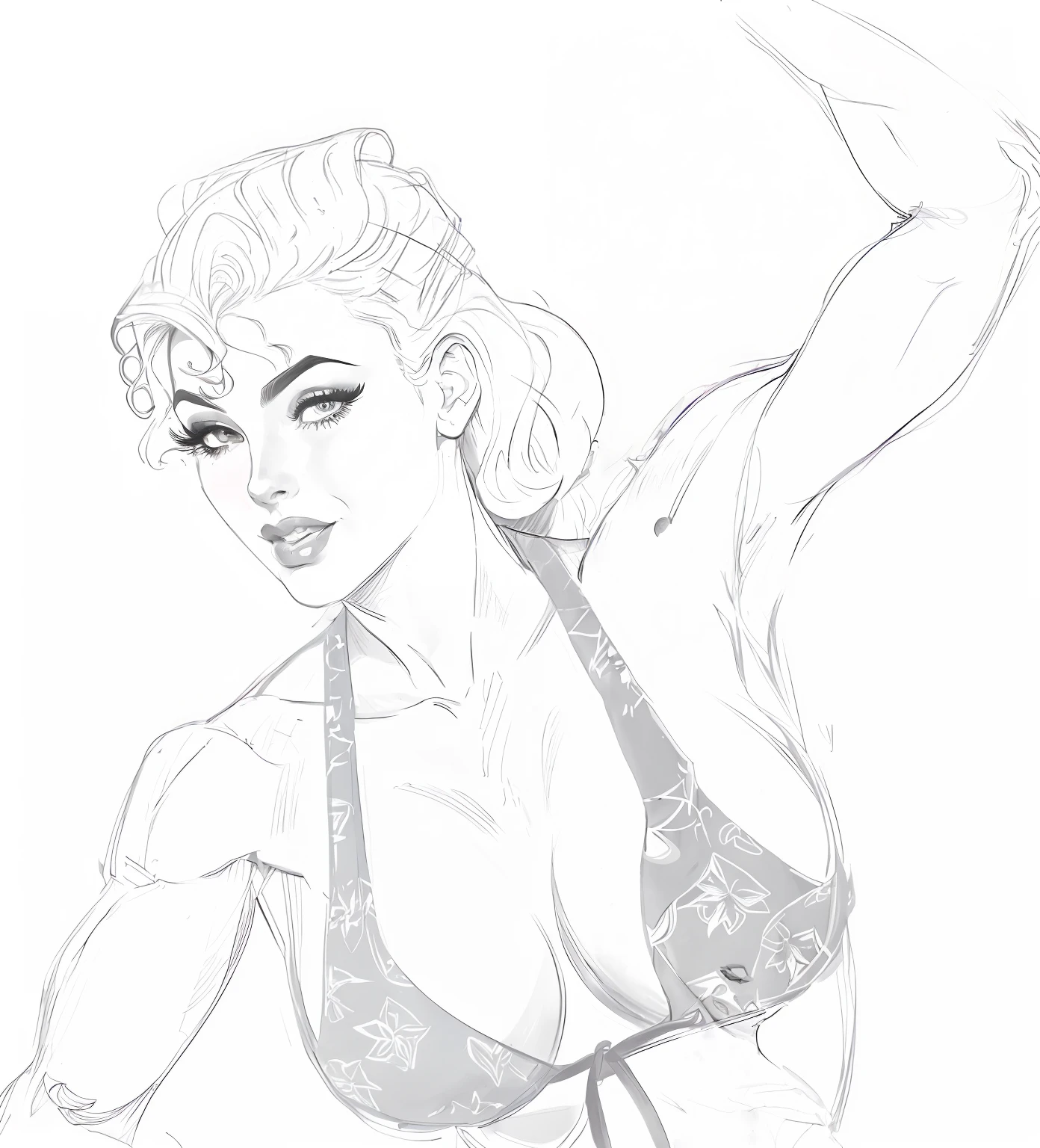 a drawing of a woman in a bra top with her hand up, Pose de Pinup, Corpo Pinup, Pinup, Comic Pinup style, inspirado em Alberto Vargas, Arte Pinup, menina Pinup, outline sketch, Modelo Pinup, digital com tinta, inspirado em Andrew Loomis, Fixar, desenhado no estilo de artgerm, inspirado em Jim Lee, inspirado em Earle Bergey, jojo's