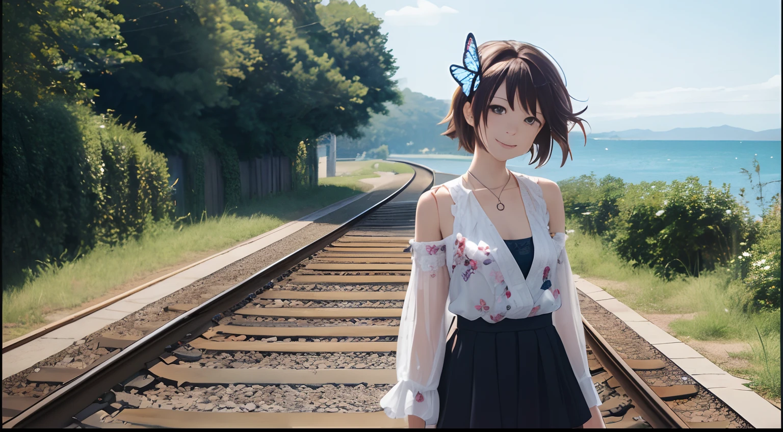 morning、Girl walking on a road parallel to the railroad tracks、You can see the sea in the background, I see the train、( hair adornments、耳Nipple Ring、Floral hair ornament、butterfly hair ornament)、 Fuji Film, F/4.0, masutepiece, Anatomically correct、A smile, radiant light、Shinkai Makoto style