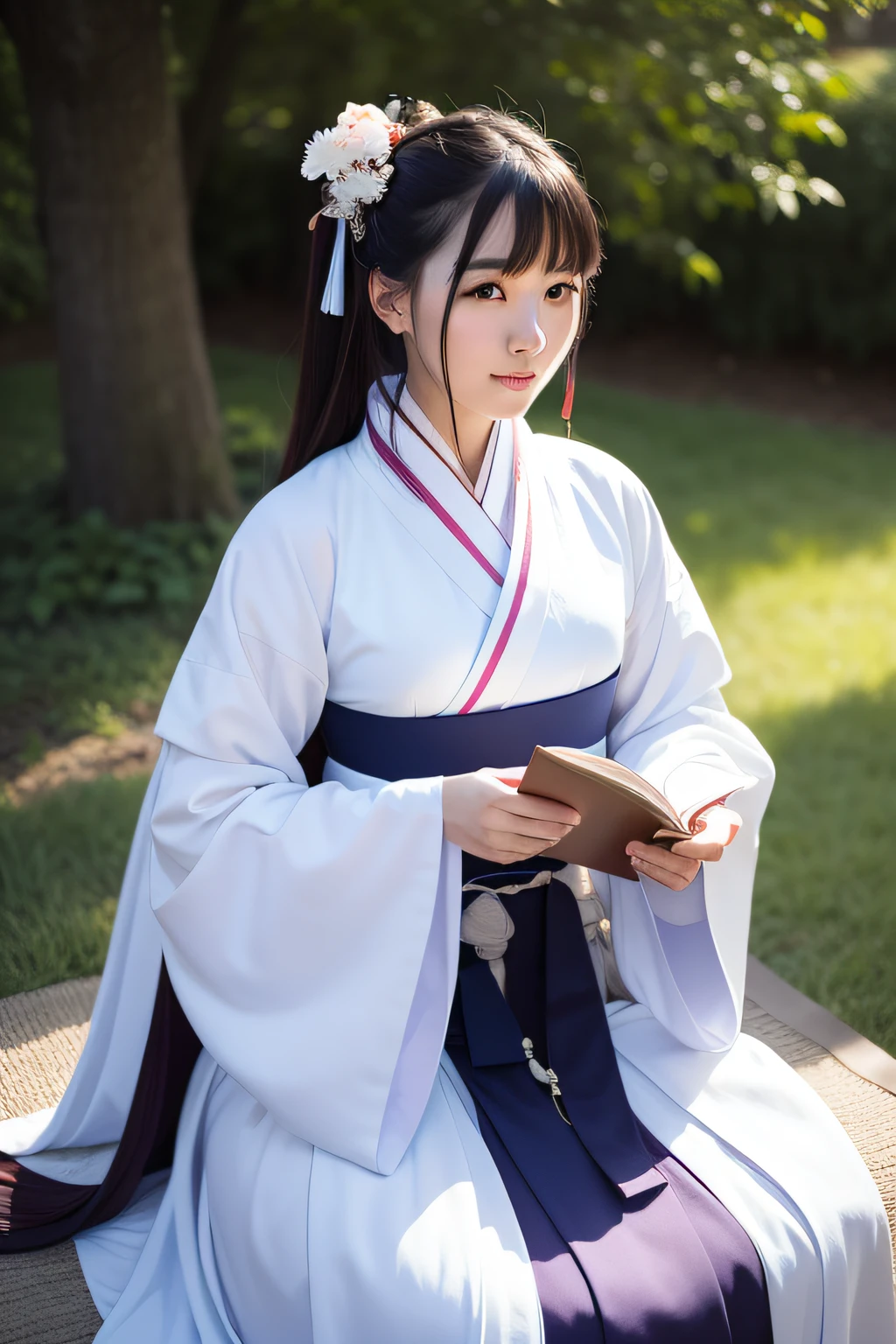 The full moon is empty, The woman in Hanfu sat down facing the camera，His hand was flipping through the book，Exquisite facial features ，Beautiful detailed girl,Long shot,undefined "Real" The light source,En plein air,1girll,Solo,Smile,perfect women figure,Real photos,Long hair,Hanfu,Chinese outfit,(Colorful:1.3),Upper body,Look at the reader