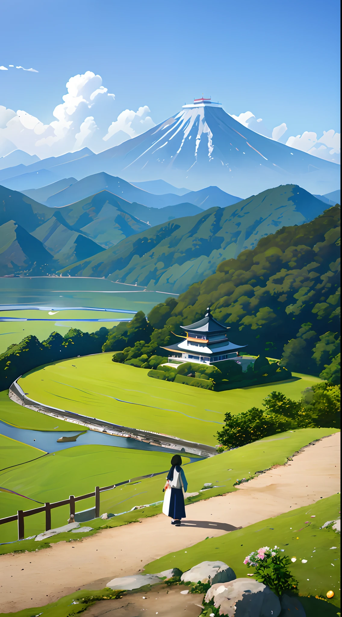 There is a woman standing on a path looking at the mountains, Anime landscapes, digital painting of a pagoda, detailed scenery —width 672, anime countryside landscape, Japanese landscape, studio ghibli landscape, made with anime painter studio, inspired by Josetsu, Beautiful anime scenery, japan mountains, painted in anime painter studio, countryside in japan, Inspired by Makoto Shinkai