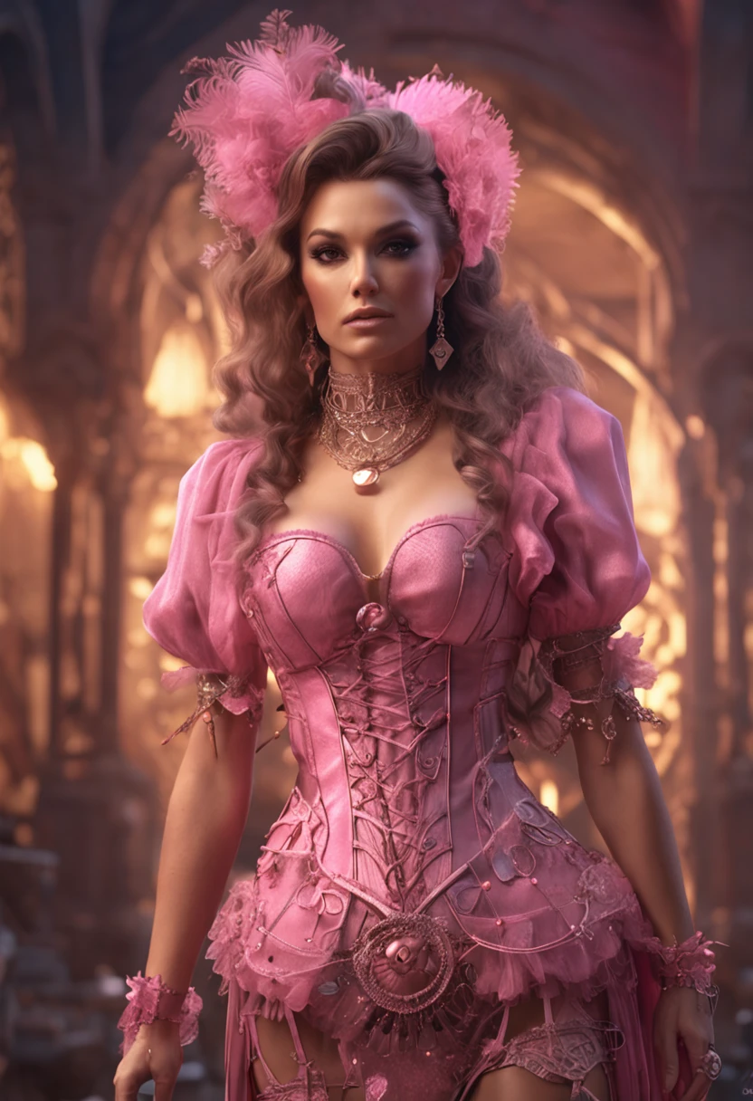 Amazing full body portrait of magical fantasy：Britney Spears，Three steampunk women in pink dresses and lace, The low-cut neckline accentuates femininity, Small ears, Brown hair, Ultra-clear face，Smiling happy, Dynamic pose, DnD, fantasy, Extreme detail, 4K, Ultra HD, trending on artstationh, Polished, Radiant, vibrant, Backlight, 8k ultra high definition, Unreal Engine 5 potions, intricately details, 3D video rendering