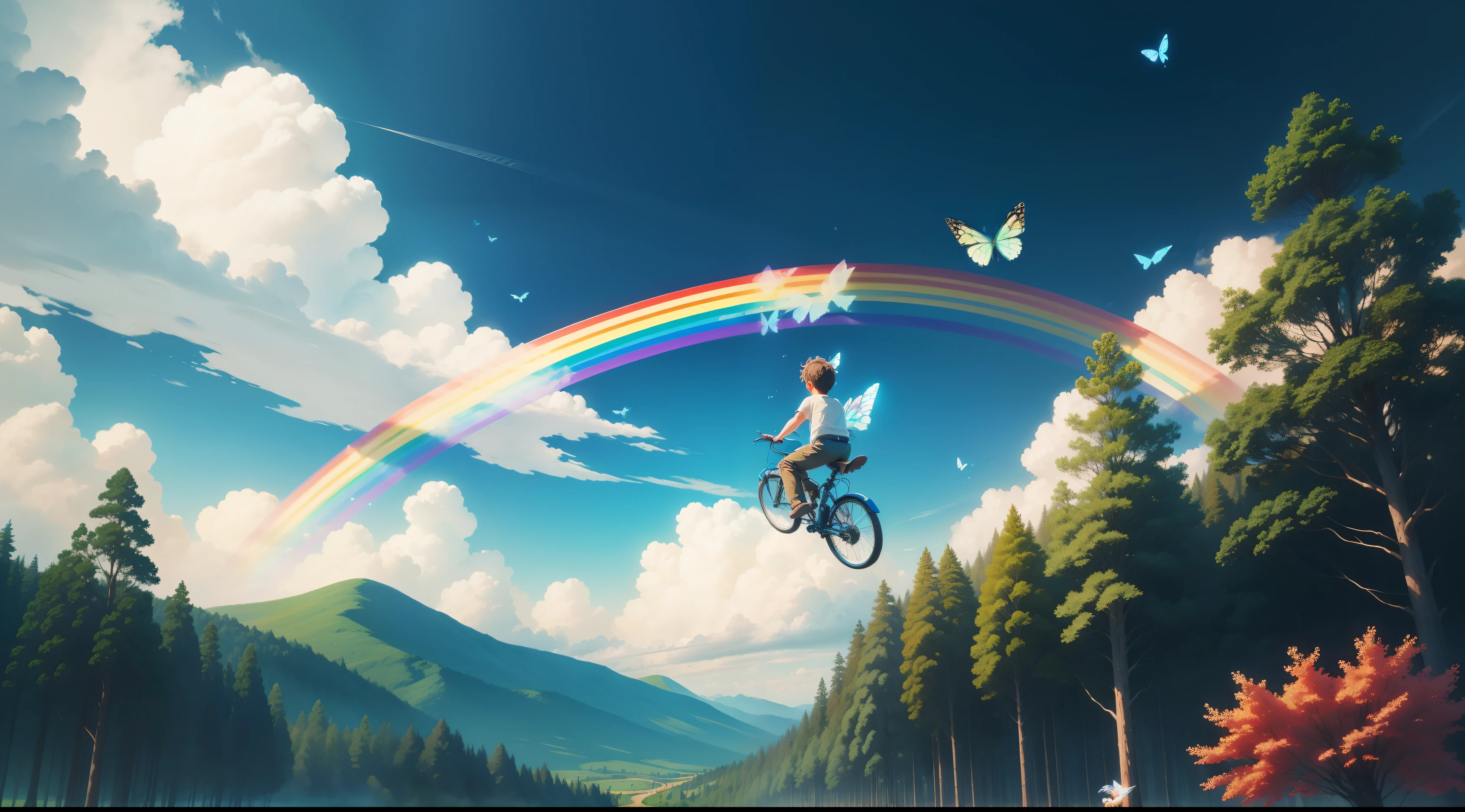 In the sky of a magical forest,There are a lot of painted clouds,There is a boy flying in the sky riding a huge brush,Draw an oversized rainbow bridge,There are several flying brushes in the sky,The brush drew several butterflies and birds