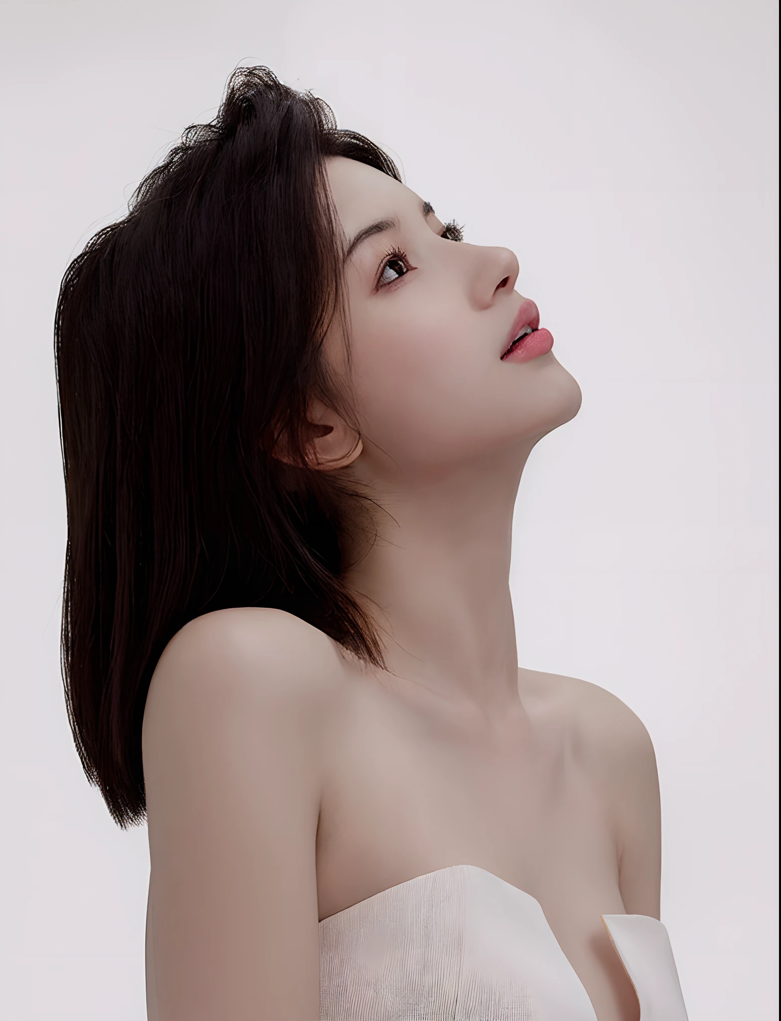masutepiece, Best quality, illustration, Ultra-detailed, finedetail, A high resolution, 8K wallpaper, blazing, No makeup, Skin clarity, Beautiful detailed eyes, White cloth, Sexy face, (Open mouth:0.8), There is a harsh white light on the background,1girll, Solo,Beautiful detailed eyes, Looking up, Realistic, Black hair, Simple background, Bare shoulders, parted lip, Long hair, Upper body, No shoulder strap, Lips,