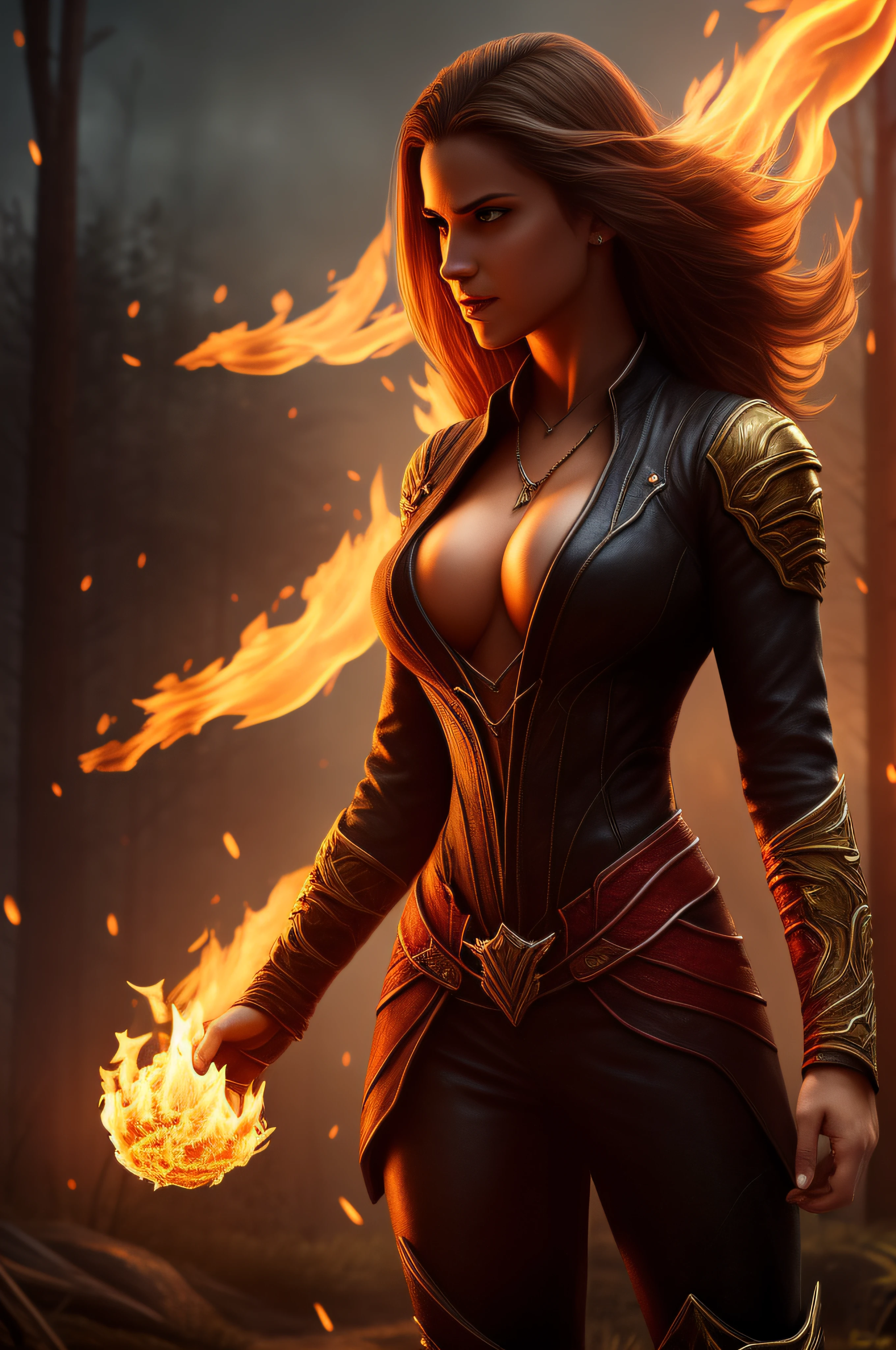 (Extremely Detailed 8K Wallpaper), A Half Shot of a Vampire Unpredictable, Complex, Highly Detailed, and Dramatic, 25 Year Old Girl, Fit Girl, Happy:1.2, Power Pose, Powerful, Cinematic Lighting, Fireflies , Bokeh, smoke, Power field, powerful aura, big breasts, Art of fire, Artist of fire, Holding the flame in the palm of the hand:1.2, Burning land, Perfect hand, Hand covered in flames.