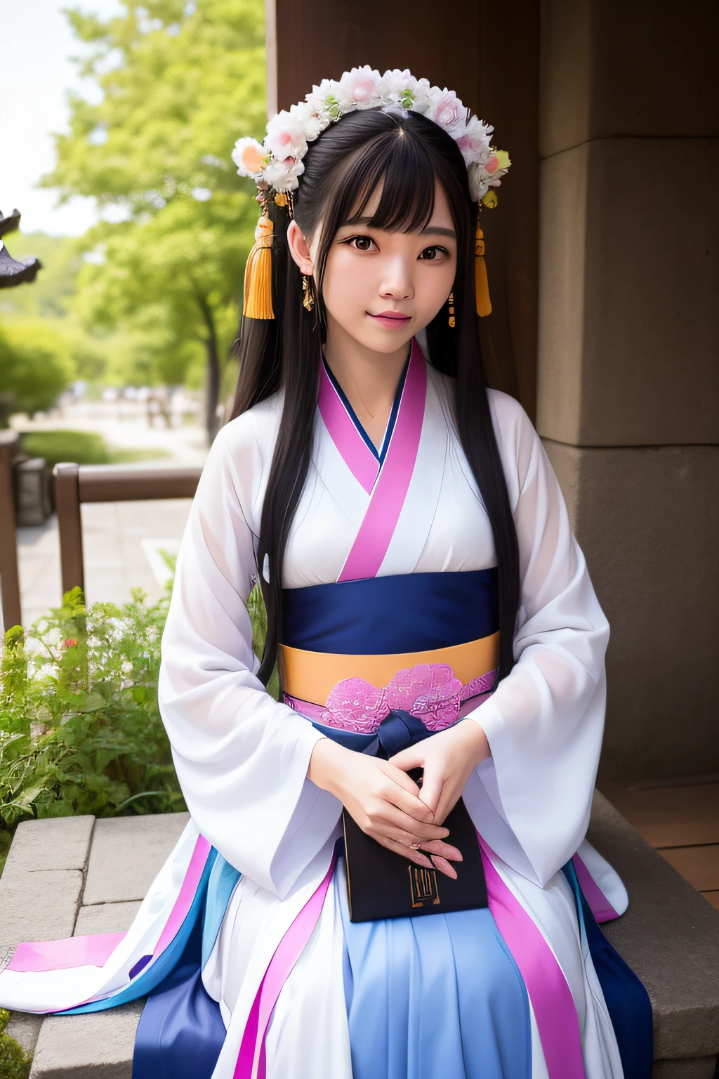 The full moon is empty, The woman in Hanfu sat down facing the camera,His hand was flipping through the book,Exquisite facial features ,Beautiful detailed girl,Long shot,undefined "Real" The light source,En plein air,1girll,Solo,Smile,perfect women figure,Real photos,Long hair,Hanfu,Chinese outfit,(Colorful:1.3),Upper body,Look at the reader