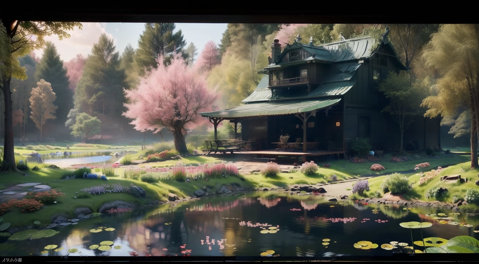 Scene screen:Next to the pond,There are some rose-grown shrubs。One or several summer warblers frolic in it,Or sing among the flowers and branches。 Drawing elements:Red or pink rose flowers,Summer Warbler,bushes。