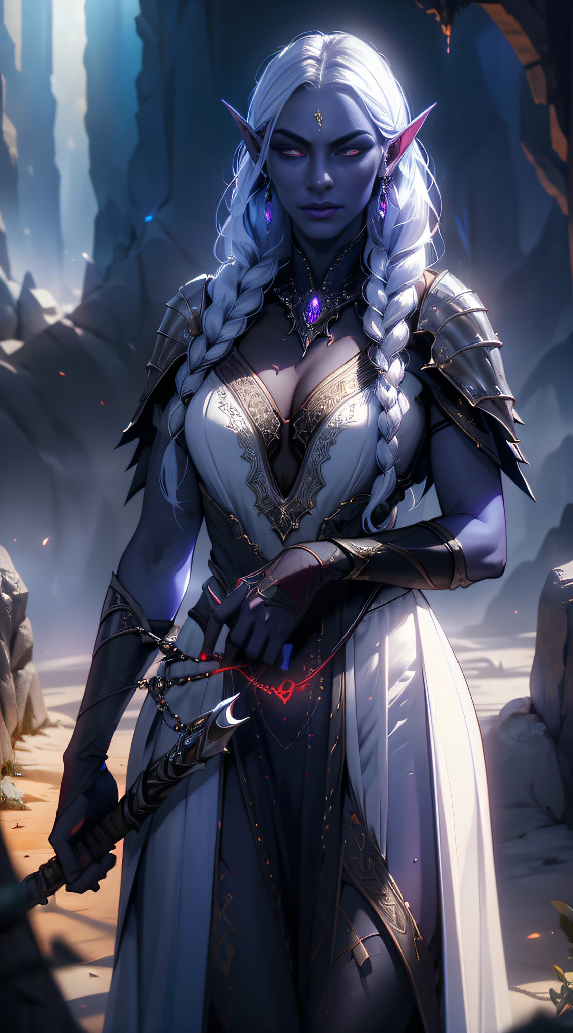 1girl, sexy drow, dark purple-blue skin, pale silver long elaborate braids, ((red eyes)), jewels, elf ears, earrings, ((white sorceress sexy dress)), wields staff, cliff, rocks, athletic, volumetric lighting, best quality, masterpiece, realistic, anatomically correct, master piece, best quality, (strong cinematic lighting), ((rim lighting)), ((sunlight)), stunning details, intricate details, 8k post-production, High resolution, super details, trending on ArtStation, sharp focus, depth of field f/1.8, studio photos, (((looking at camera)))