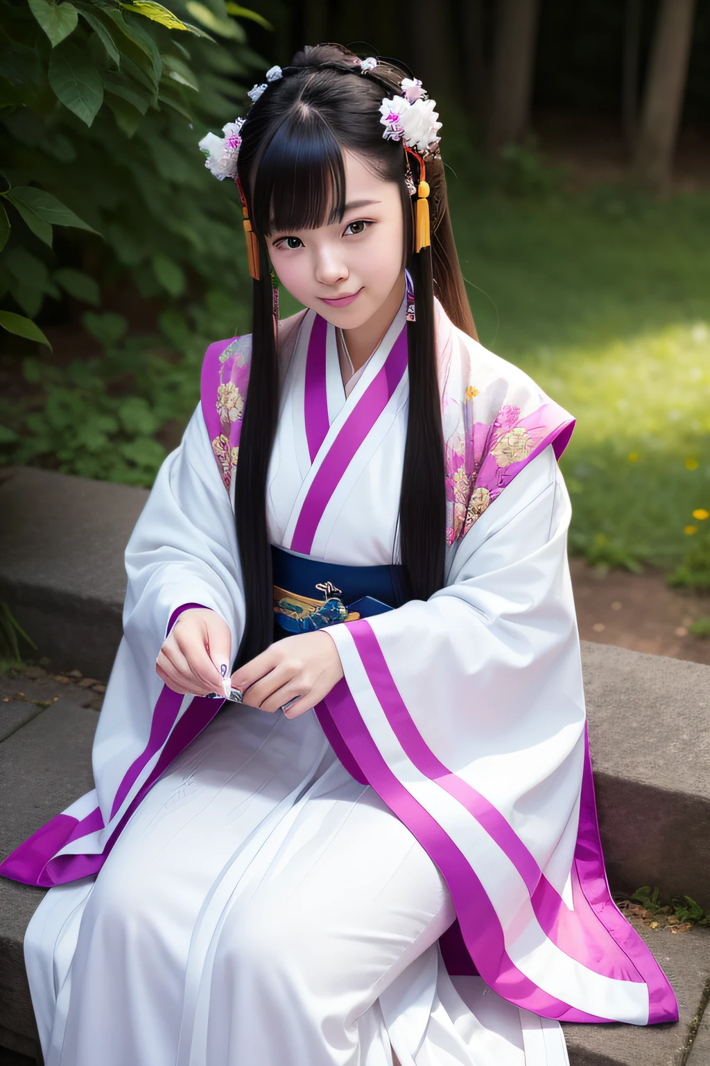 The full moon is empty, The woman in Hanfu sat down facing the camera,His hand was flipping through the book,Exquisite facial features ,Beautiful detailed girl,Long shot,undefined "Real" The light source,En plein air,1girll,Solo,Smile,perfect women figure,Real photos,Long hair,Hanfu,Chinese outfit,(Colorful:1.3),Upper body,Look at the reader