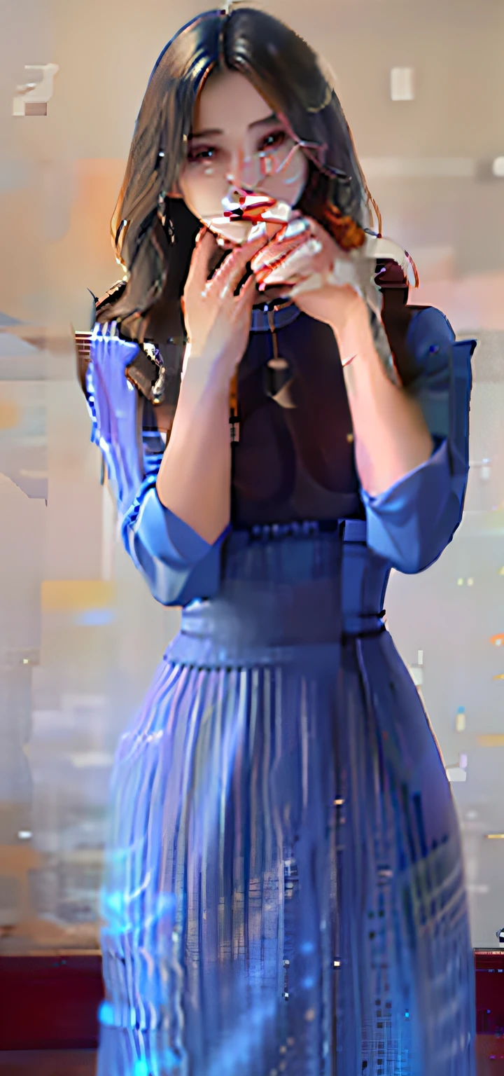 Digital painting,covering mouth,Close-up of a woman in a blue dress holding a mobile phone, wearing blue dress, Wearing a blue dress, wearing dresses, Blue dress, wear blue dresses, is wearing dress, a blue dress, Wearing a dress, blue attire, opened dress, Blue clothes, blue sweater, Sexy dress, Tight dress, simple dress