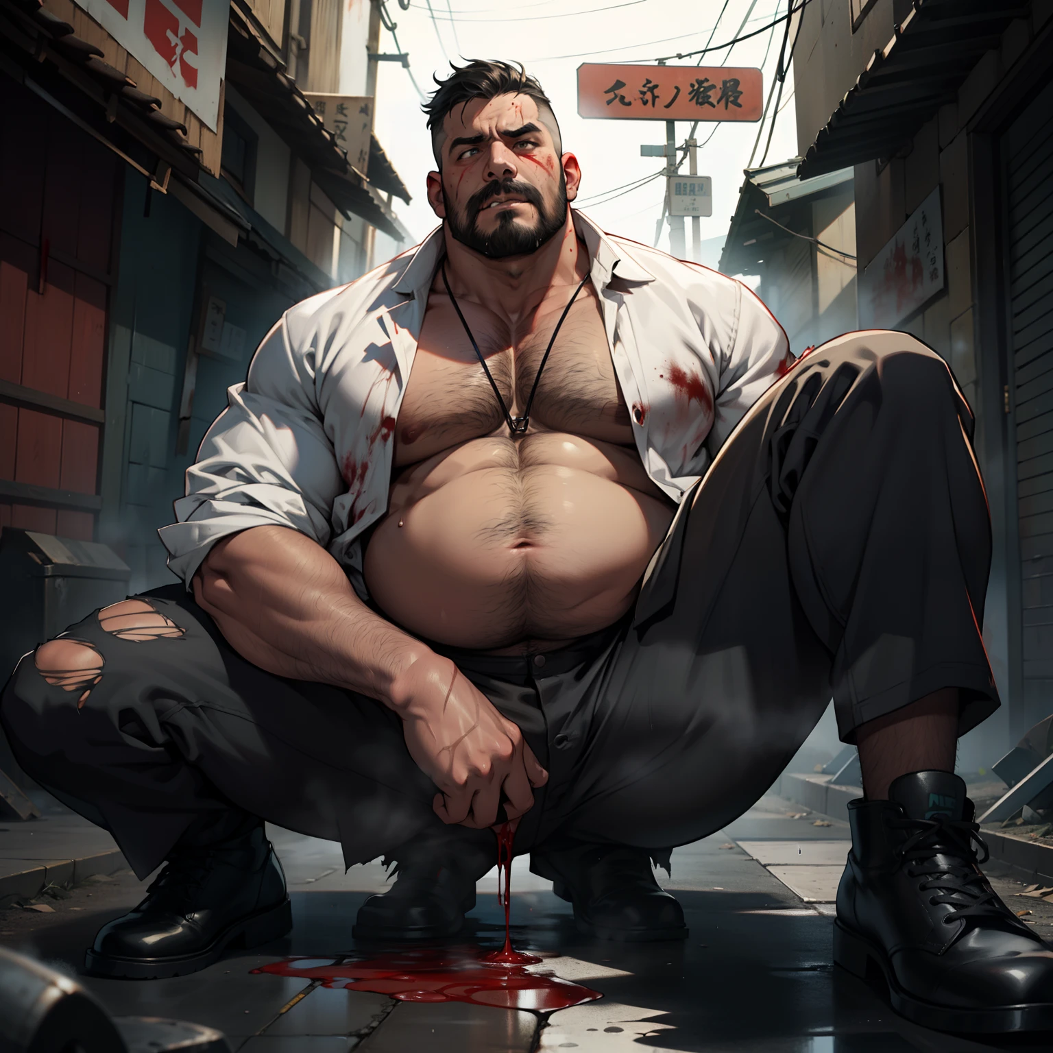 natta,Dark back alley,No light,Man lying full of wounds,Falling without strength,Fat Man,japanes,Uncle,Metabo,I have a big stomach,Regent,mustache,Face is large,Body hair is thick,bloody wounds,A frustrated look on his face,Wearing a torn white jacket,I'm wearing ripped black slacks,Blood is oozing from the torn place,There is a pool of blood under my feet,Rough breath,Steaming,it is raining heavily,The body is dripping with blood