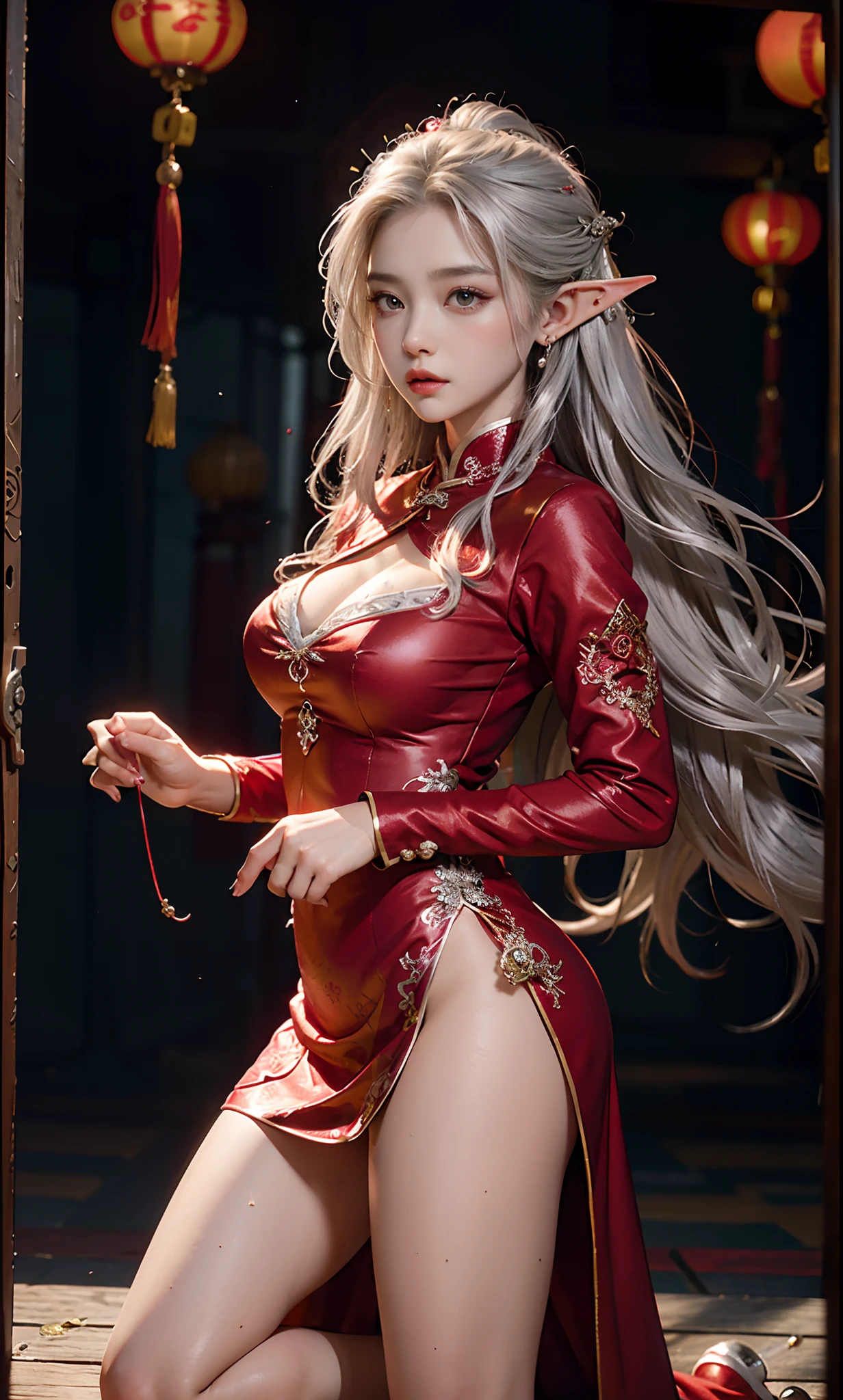 （Redcoat：1 silver-haired girl, Girl）， tmasterpiece， best qualtiy， RAW photogr， realisticlying， the face， Incredibly Ridiculous res， Beautiful elf beauty， ear studs，Get wet all over， (Long silver hair)， (Chinese red wedding dress)，Costume dress，(red flat shoes)，depth of fields， A high resolution， ultra - detailed， filigree， RAWE is very detailed， very detailed eyes and faces， Sharp pupils， realistic pupil， tack sharp focus， cinmatic lighting，full bodyesbian，Bigboobs，long leges，From the front side，Chinese wedding scene，Red candle，Lanterns，A faint red glow，dynamicposes