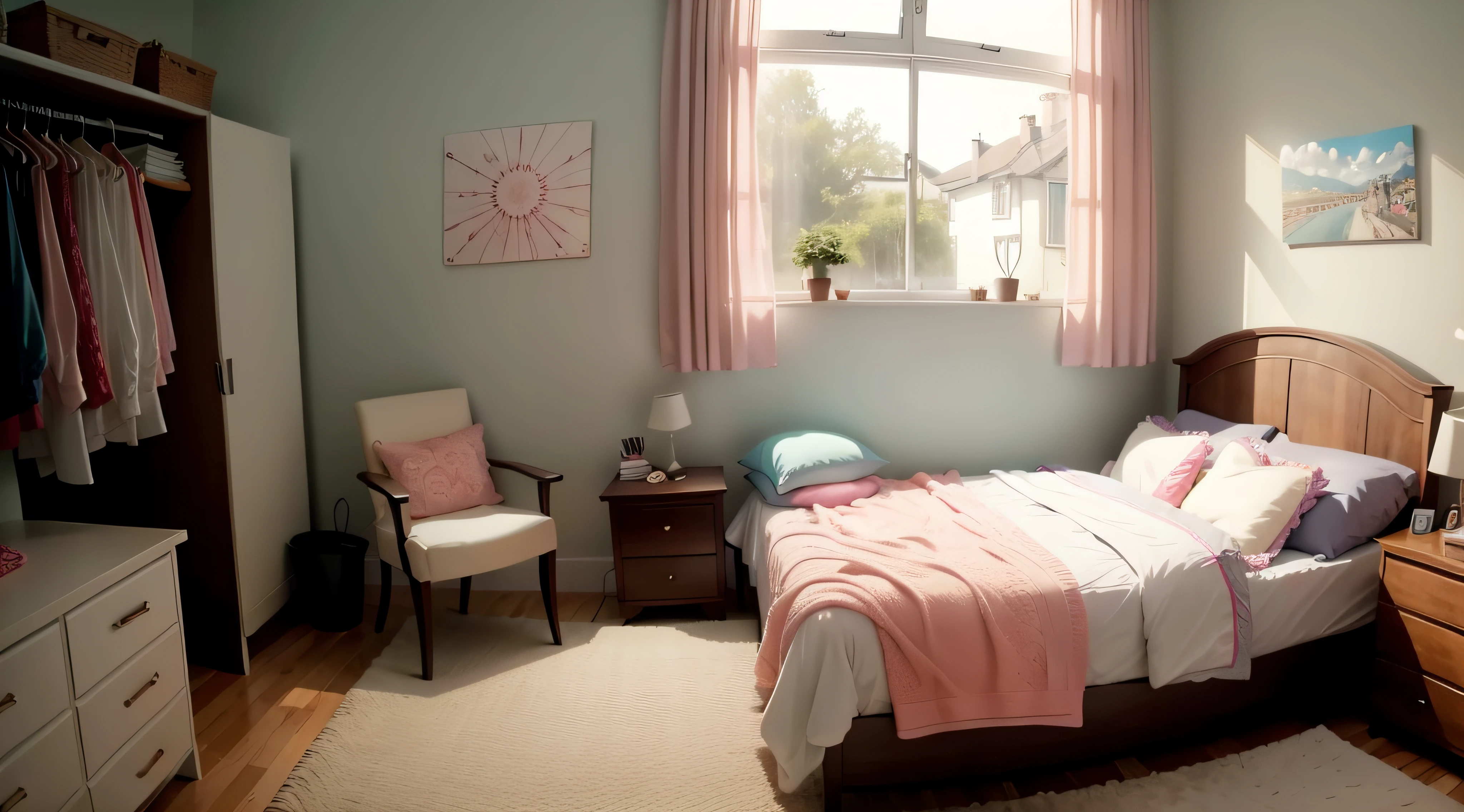 A  girl studying alone in her aesthetic room. Soft natural lighting, minimalistic decor, and plants create a calm and inspiring atmosphere. [Her face is combination of (((irene1:1.2))) and (((Excella_er5:1.2)))], She sits at her desk, engrossed in her books and notes. ((She is wearing a (red:1.4) see-through ultra-short minidress:1.4)). Her cleavage was visible from her large breasts. The room is adorned with motivational posters, a gallery wall with paintings, and a cozy reading nook with a window seat. The girl's face radiates concentration and determination. Her beautiful detailed eyes lock onto the words on the page, and her long eyelashes gently brush against her cheeks as she blinks. The room is filled with the scent of fresh flowers and the sound of gentle instrumental music playing in the background. The color palette consists of pastel hues, with pops of vibrant colors accentuating the artwork on the walls. The girl's desk is neatly organized, adorned with stationery, notebooks, and a cup of her favorite hot beverage. Outside the window, a view of lush greenery and blooming flowers can be seen, adding a touch of nature to the scene. The overall image quality is of the best quality with an ultra-detailed representation, capturing every intricate detail of the room and the girl. It is a masterpiece with vivid colors, realistic lighting, and a photo-realistic rendering. The artwork in the room showcases different art styles, including sketches, watercolors, and abstract paintings, adding depth and visual interest to the space. The lighting casts soft shadows and highlights, emphasizing the textures and materials used in the room, such as wood, fabric, and glass. The girl's expression shows a mixture of focus, curiosity, and a thirst for knowledge, reflecting her passion for learning.