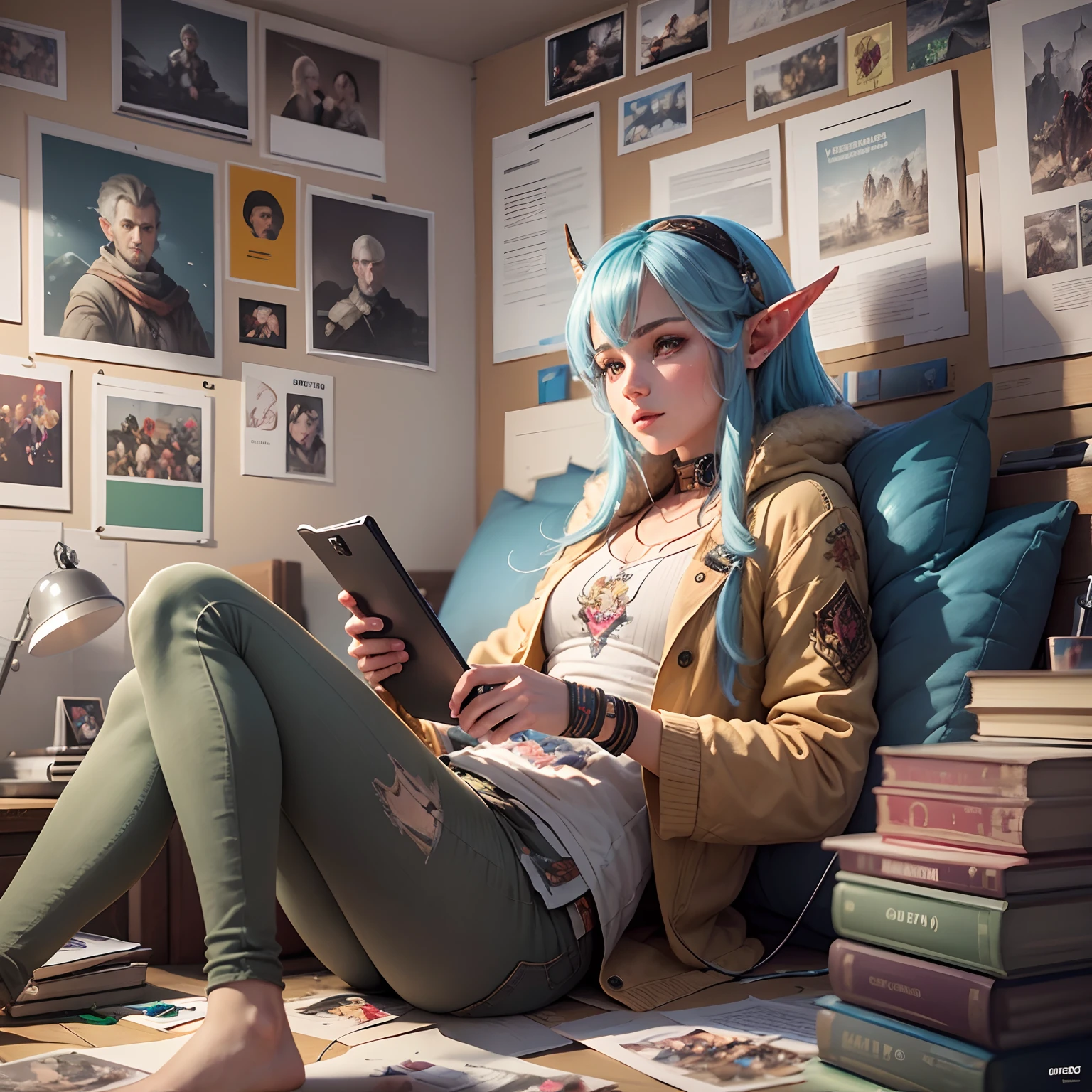 "(high quality, stunning illustration, extremely detailed) Portrait of a long-eared elf relaxing and enjoying his video games, in a messy room filled with posters on the walls."