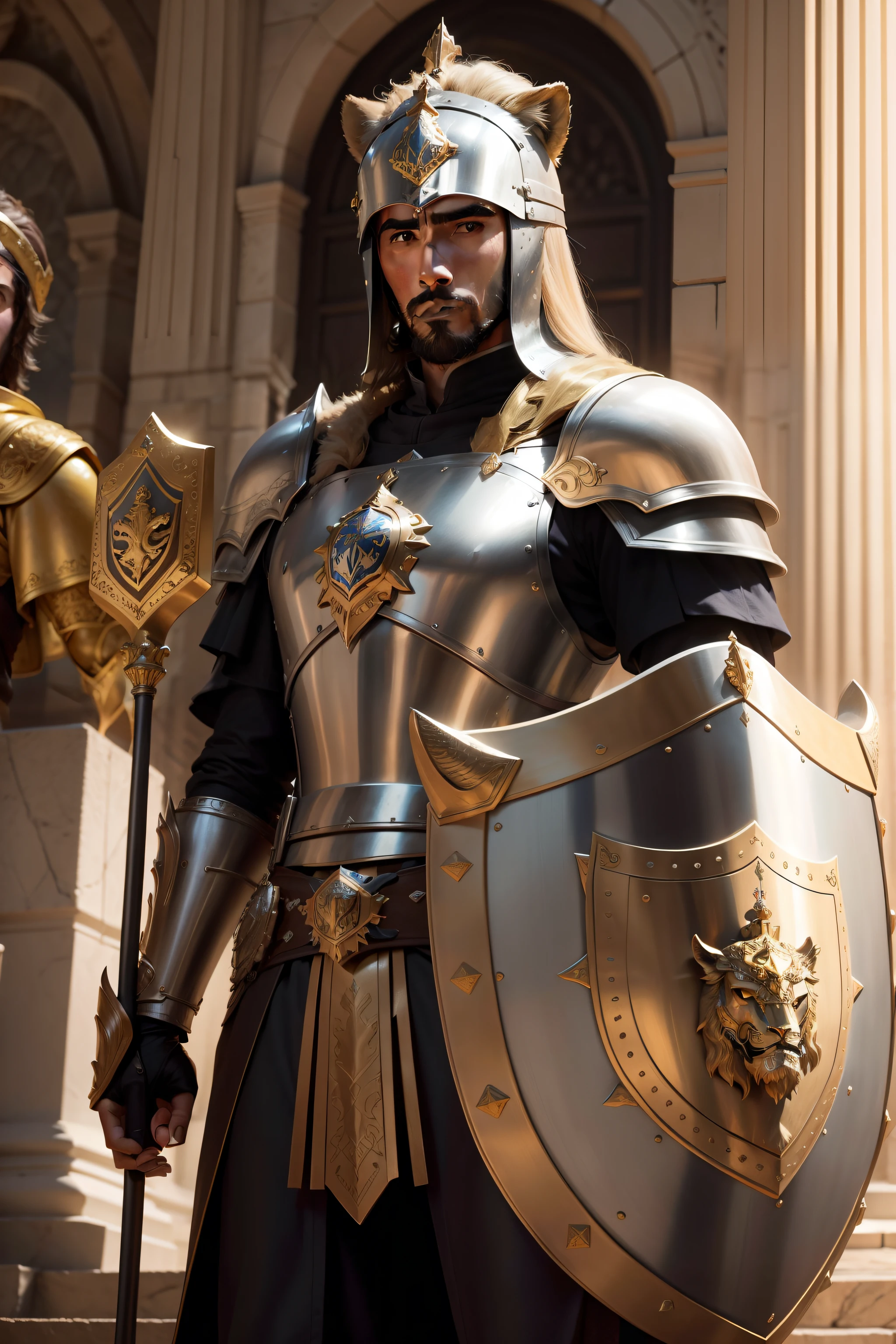 Dev patel sem barba e com uma armadura dourada de paladino, In his left hand he holds a golden shield with a lion's head in high relief. Behind it a medieval castle