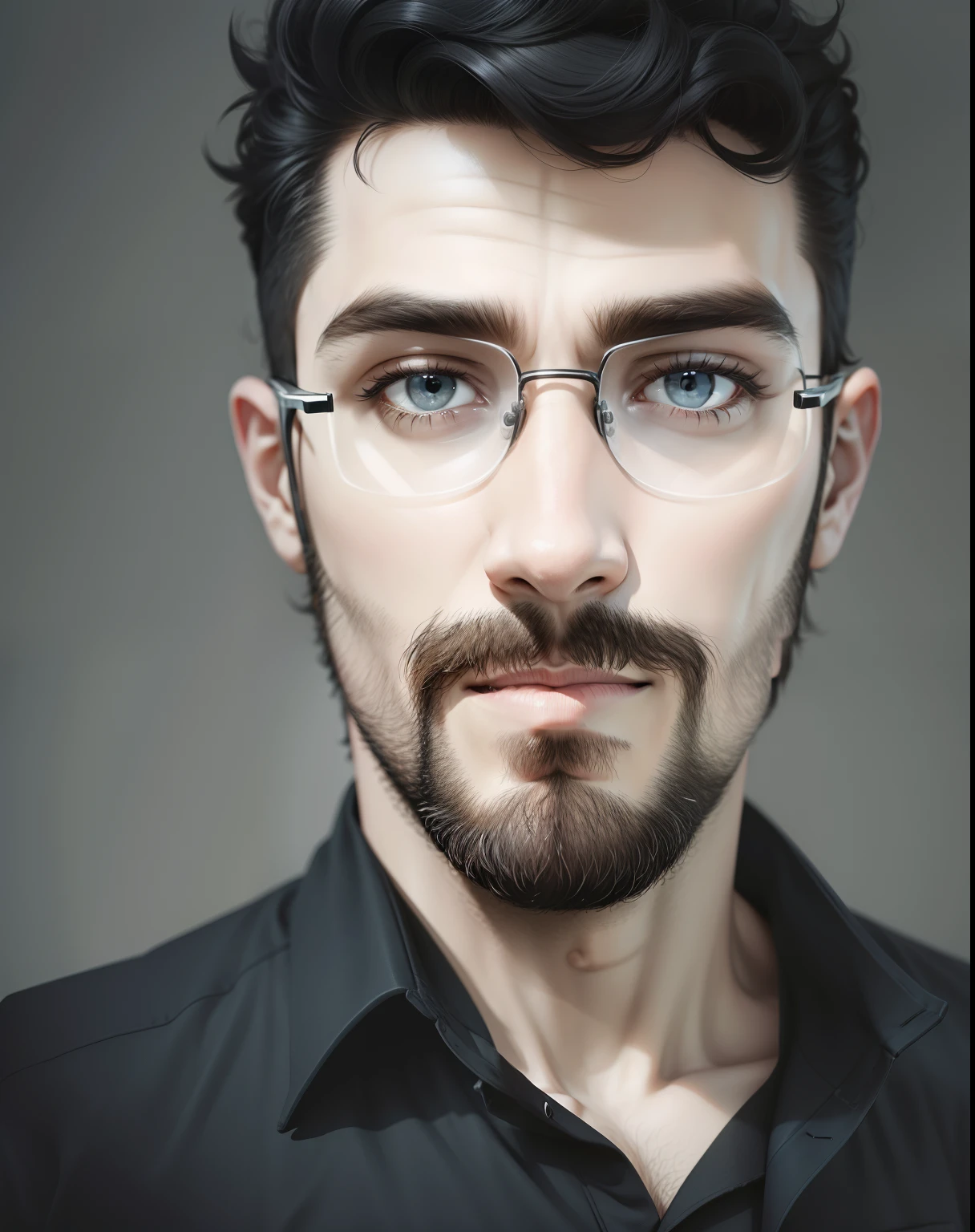 Thick beard and black hair with sport glasses