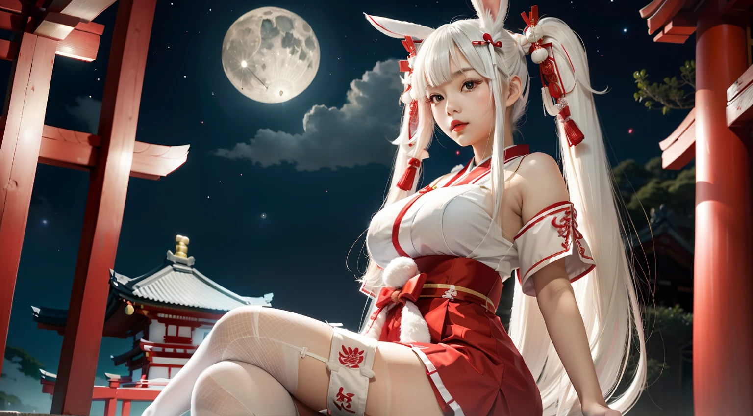1 girl、Cute red and white shrine maiden costume, long gray hair, twin tails and bangs, Japan Traditional Hair Ornaments, cleavage, Shrine under the full moon night sky, sitting, white thigh high stockings, Lotus pond, Cherry Blossom、smile、5 fingers on hand