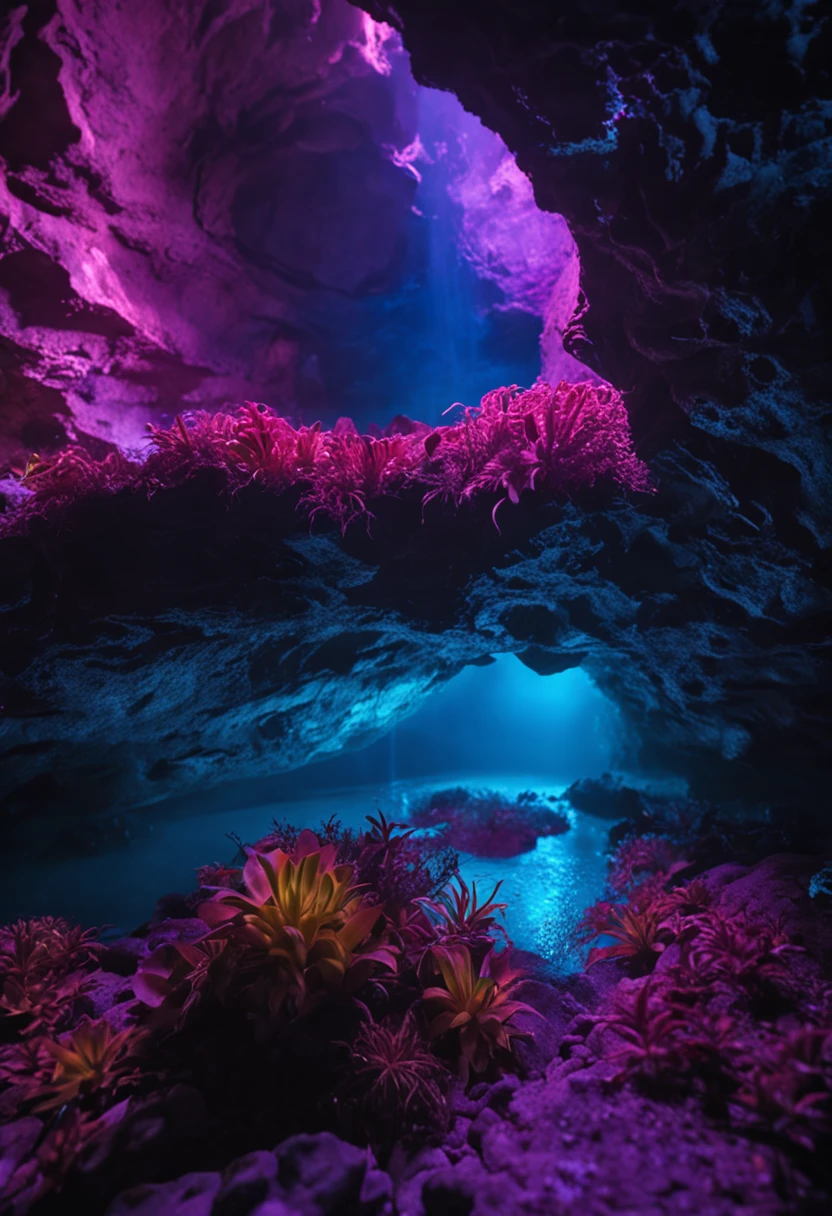 Cave Glowing Plants Dreamy Blue Purple Water