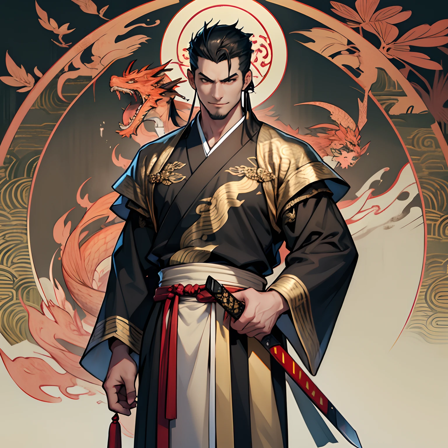 Um homem (homem) usa Hanfu vermelho, rosto limpo, wry smirk, longos cabelos negros, Hanfu, antigo, fundo de corte, standingn, corpo inteiro, imposing holding the hilt of a stylish sword in his left hand, accompanied by a small Chinese dragon near a humble house.