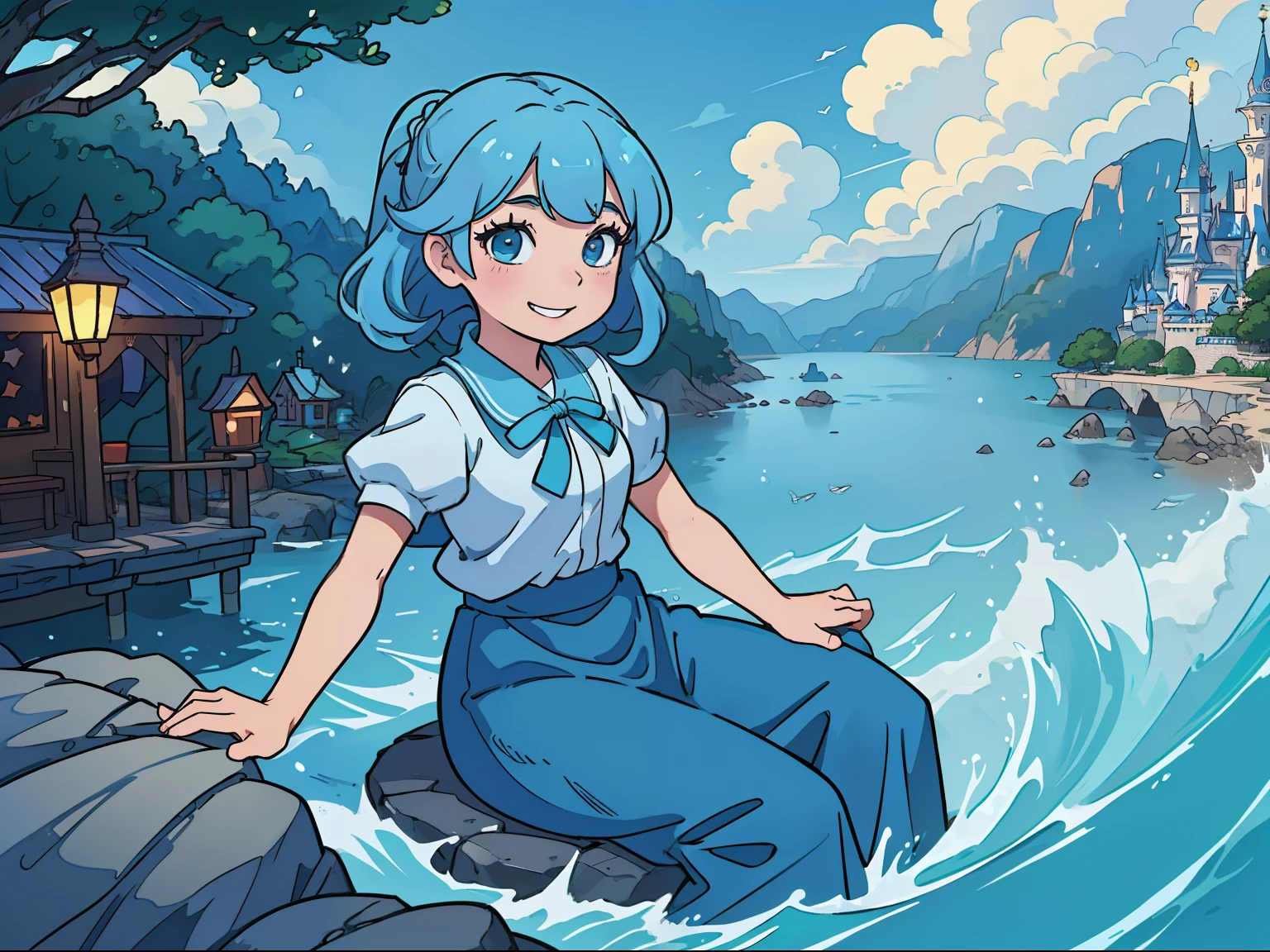 masterpiece、hight resolution、depth of fields、dynamic ungle、1girl in、校服、Disney Parks、popcorn、The Little Mermaid Area、Light blue hairstyle、Bomao、a smile