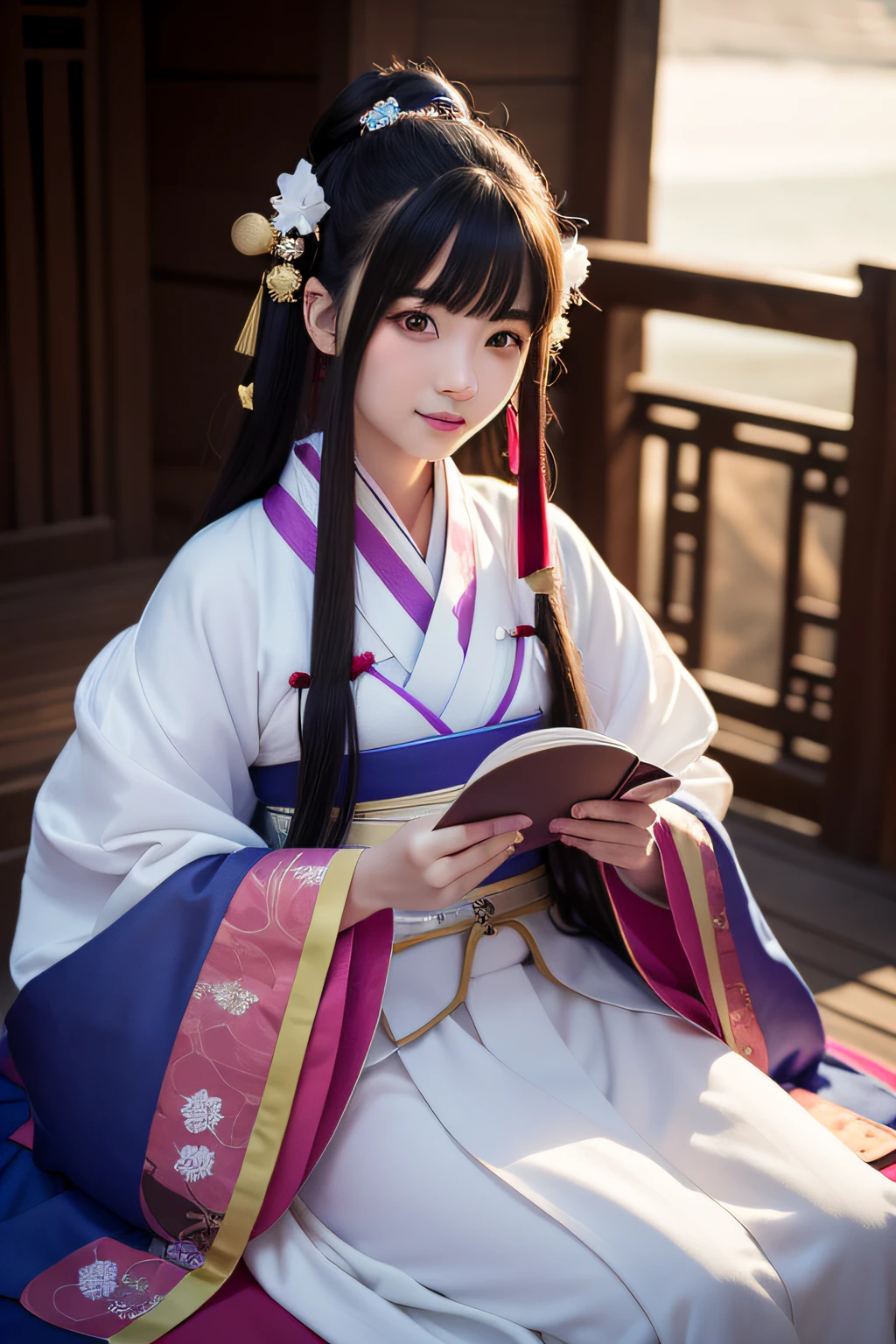 The full moon is empty, The woman in Hanfu sits down facing the camera，His hand was flipping through the book，Exquisite facial features ，Beautiful detailed girl,1girll,Solo,Smile,perfect women figure,Real photos,Long hair,Hanfu,Chinese outfit,(Colorful:1.3),Upper body,Look at the reader
