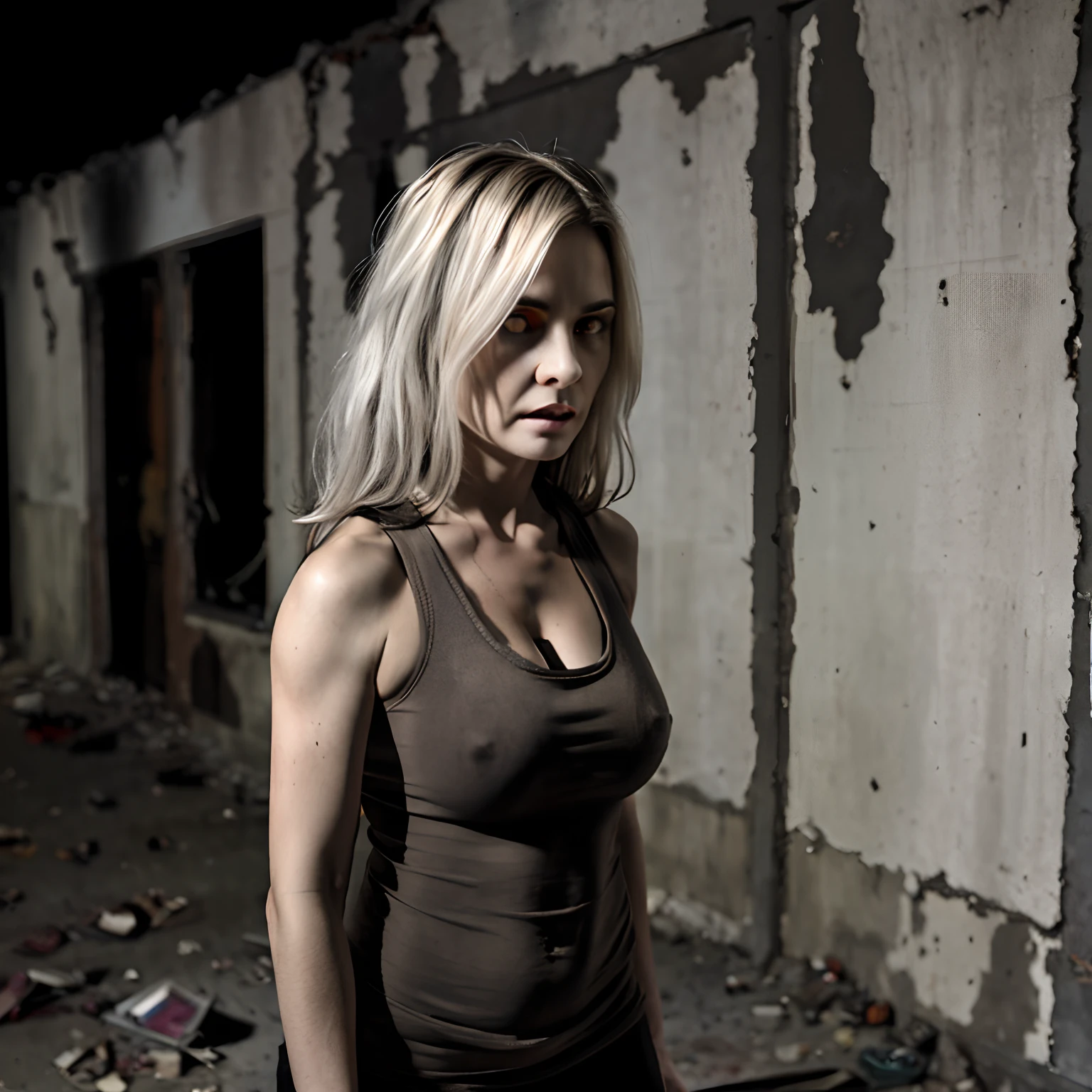 Masterpiece, Quality, (ultra realistic portrait of witch lady in L4D:1.1), (extremely detailed CG:1.2), torn whilte tank top shirt, white hair, Serious look, (detailed face:1.2, detailed eyes:1.15), Sharp Focus, (standing inside Abandoned building:1.5, in the night:1.1, dark atmosphere:1.45), Cinematic poster, (huge tits:1.1, huge boobs:1.1),